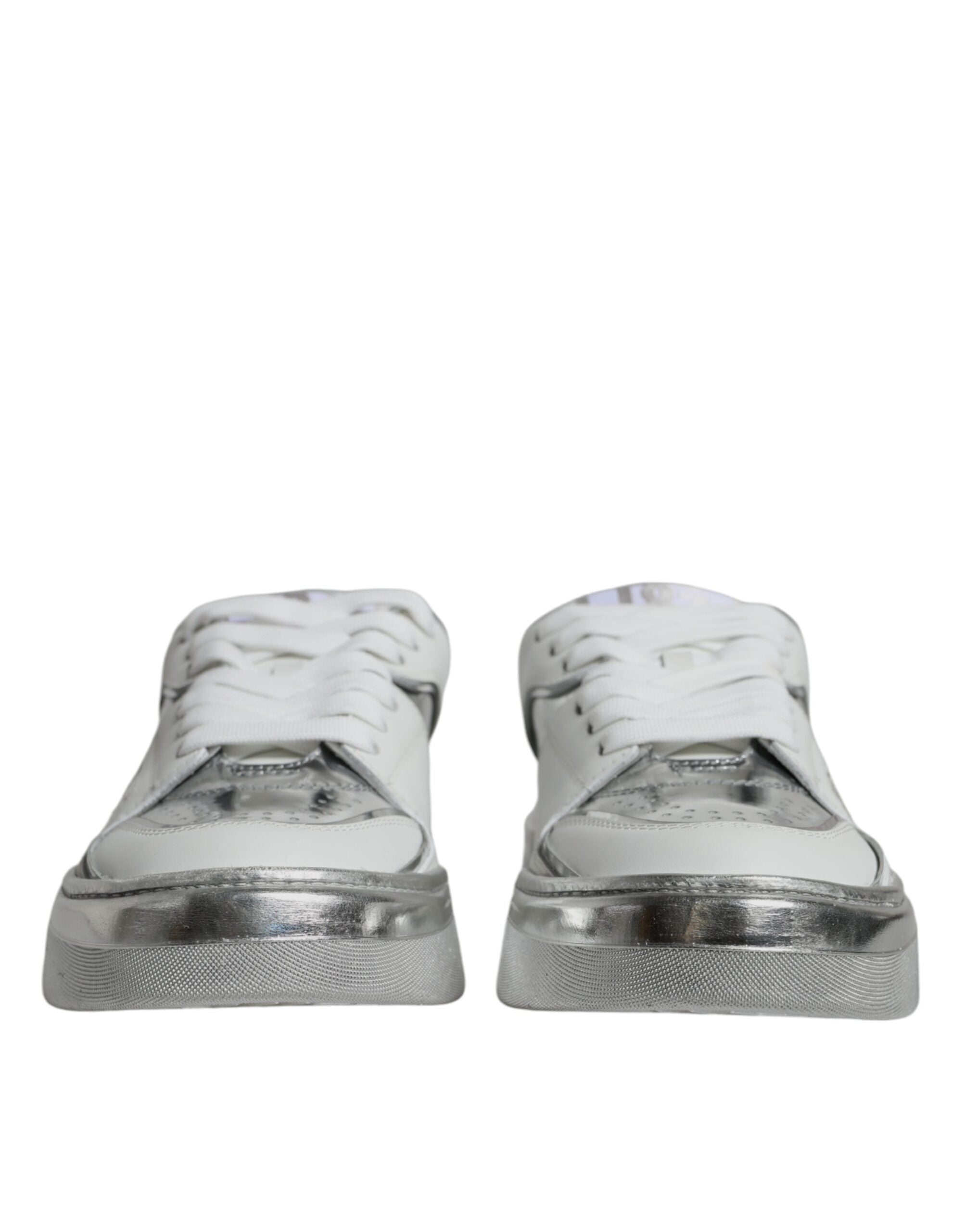 New Dolce & Gabbana White Silver Leather Low Top Sneakers Shoes