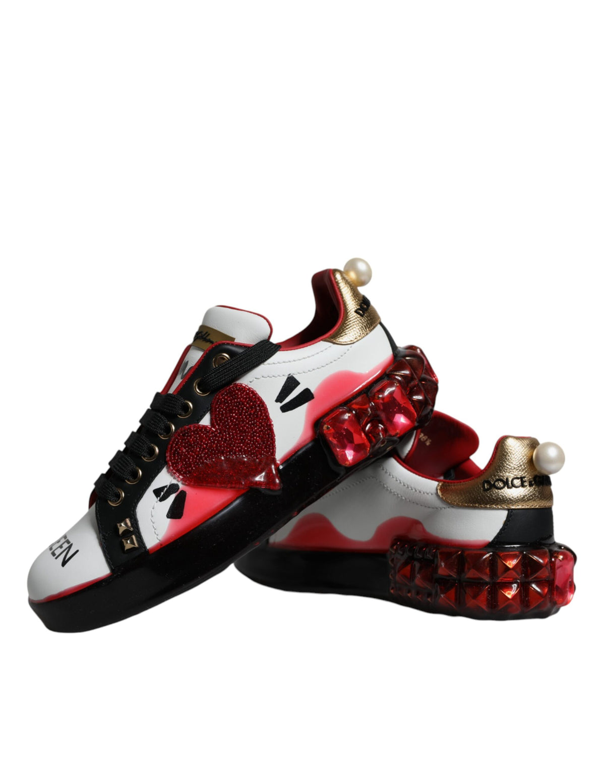 New Dolce & Gabbana White Red Crystals Leather Portofino Sneakers Shoes
