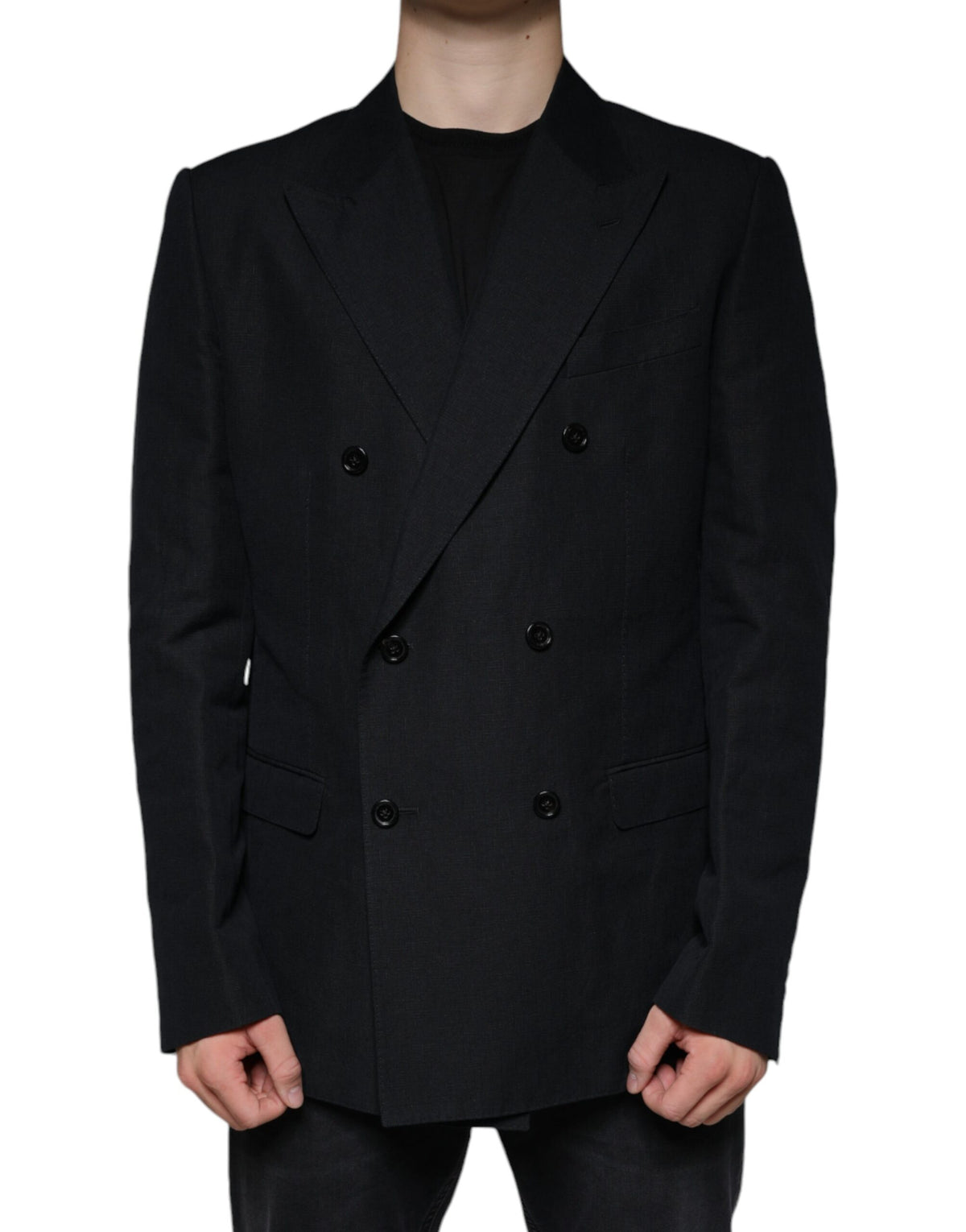 New Dolce & Gabbana Dark Blue Linen Double Breasted Dress Blazer