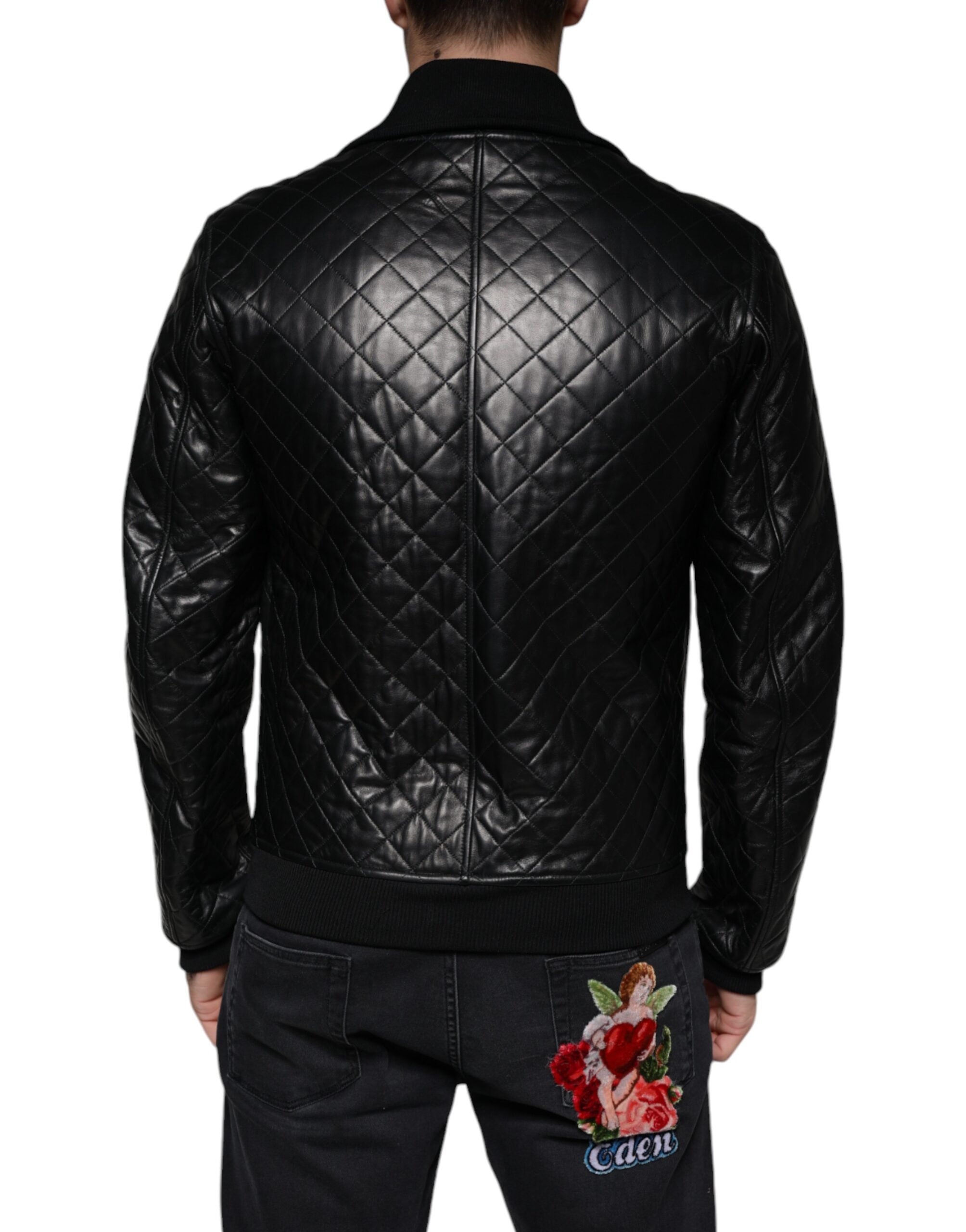 Dolce & Gabbana Black LeatherQuilted Full Zip Jacket