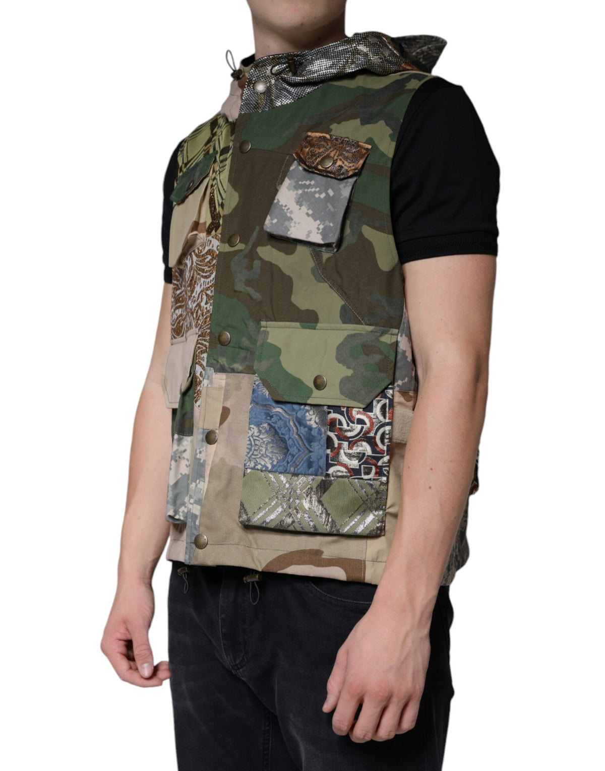 New Dolce & Gabbana Multicolor Patchwork Hooded Vest Jacket