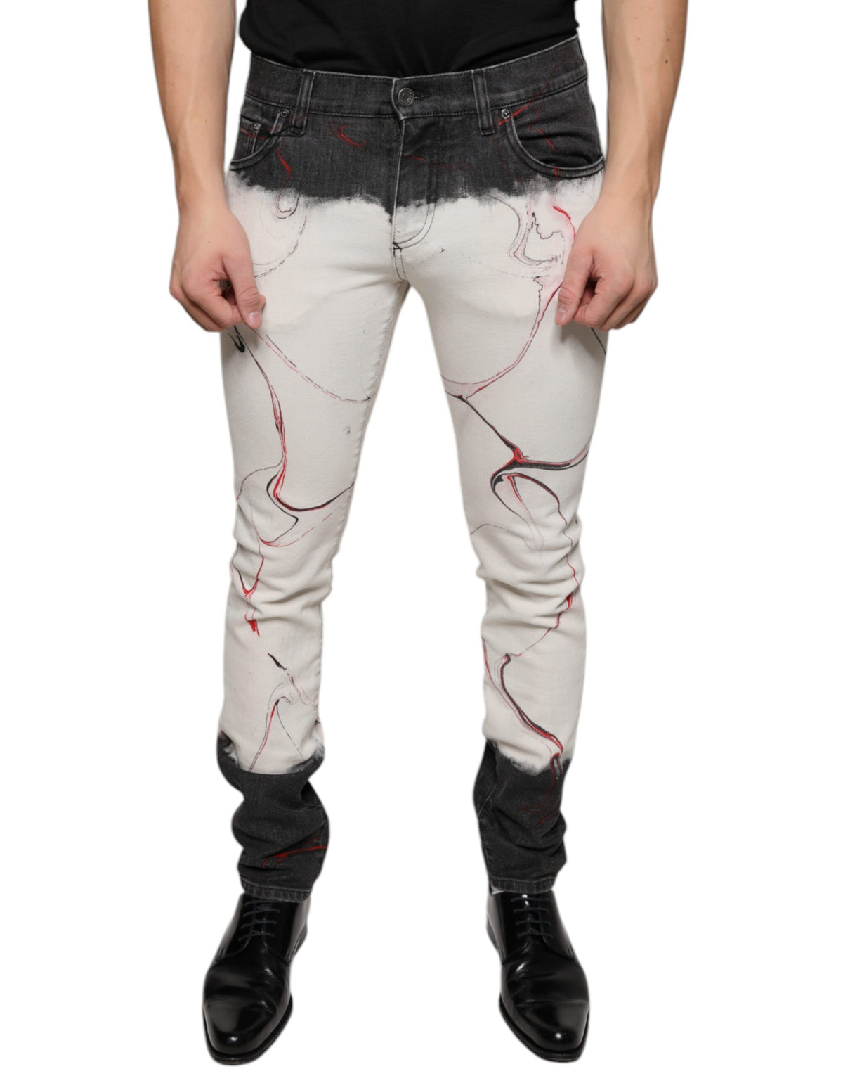 New Dolce & Gabbana Black White Printed Skinny Men Denim Jeans
