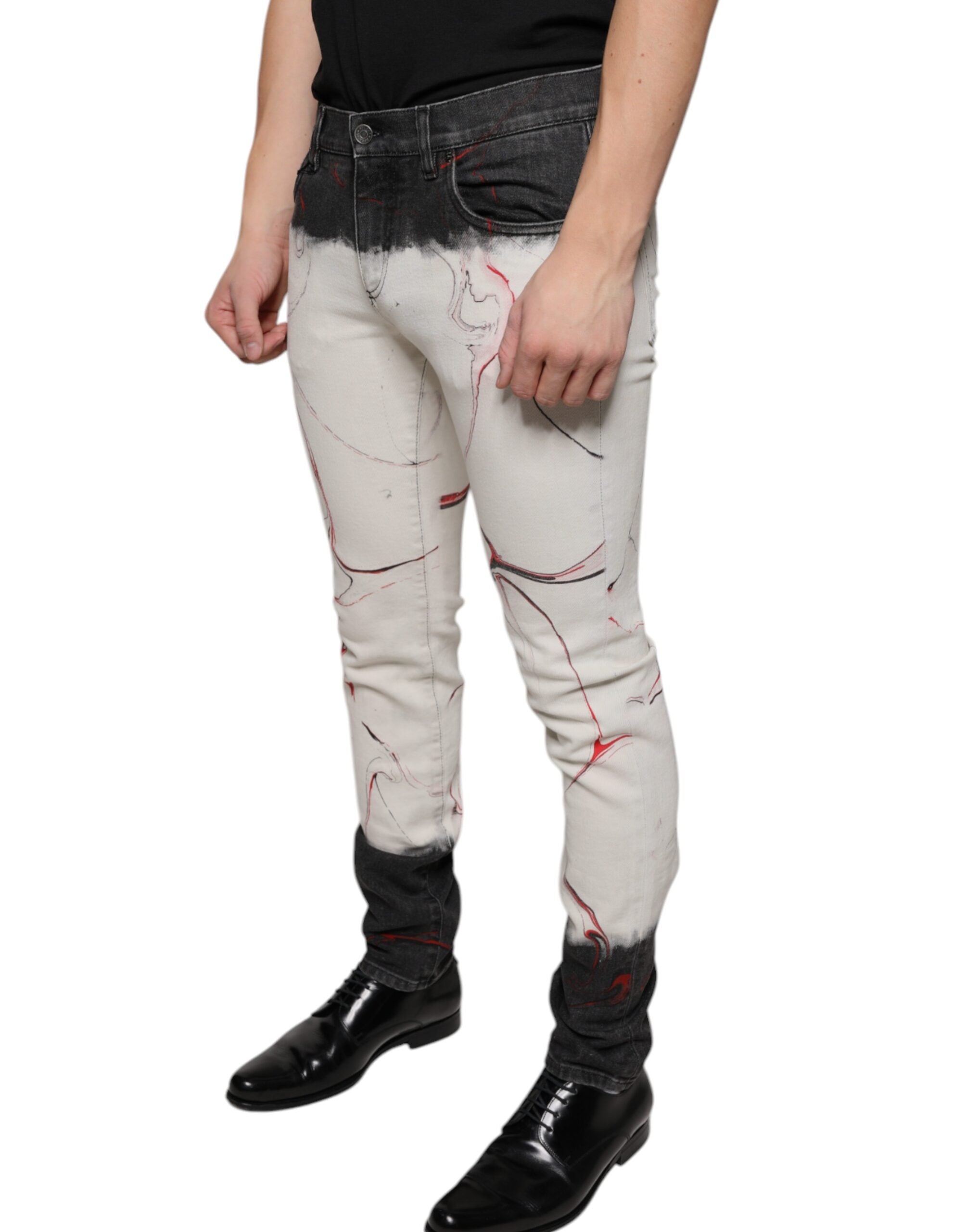 New Dolce & Gabbana Black White Printed Skinny Men Denim Jeans