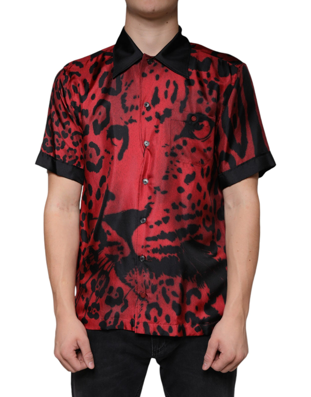 New Dolce & Gabbana Red Leopard Silk Button Down Casual Shirt