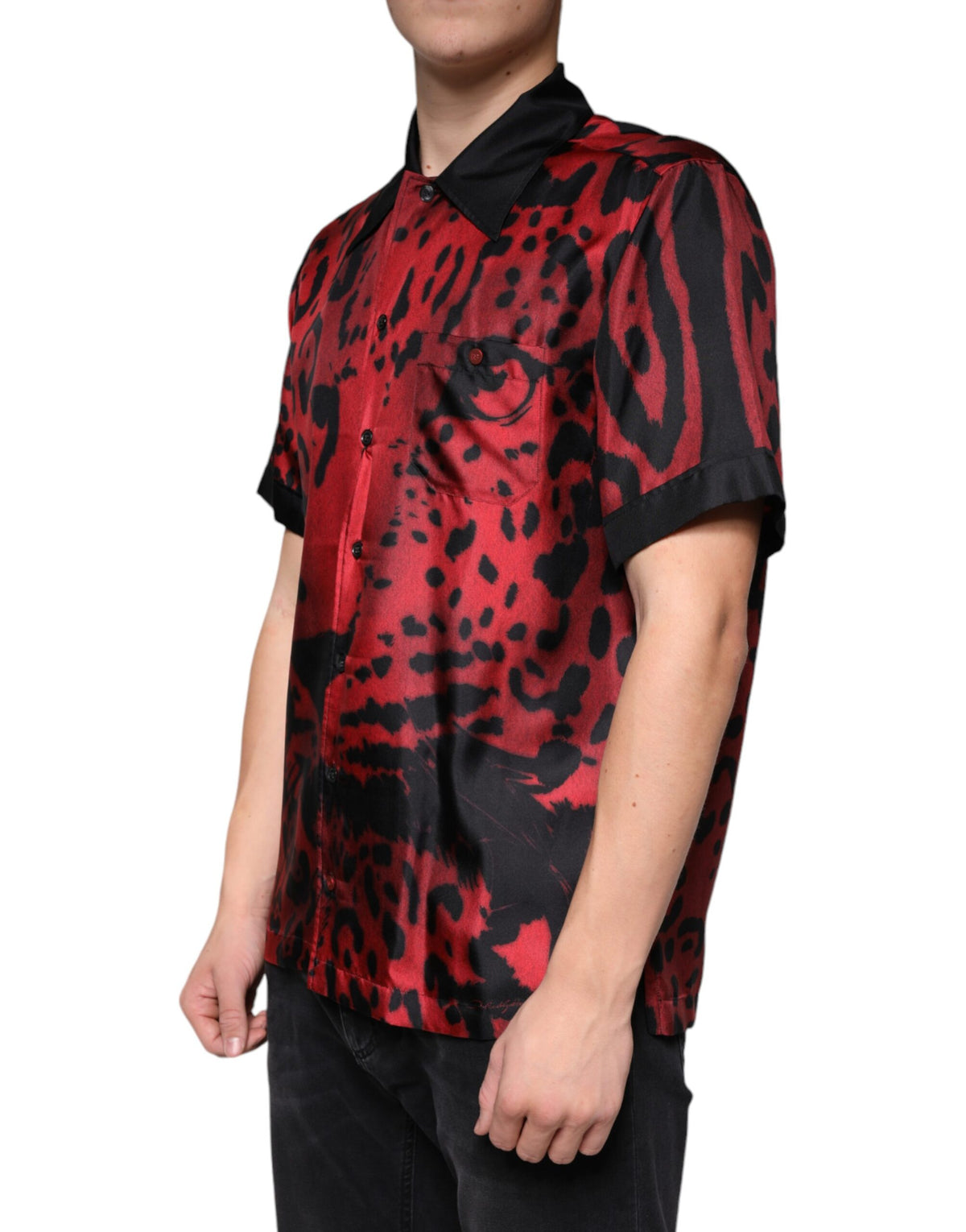 New Dolce & Gabbana Red Leopard Silk Button Down Casual Shirt
