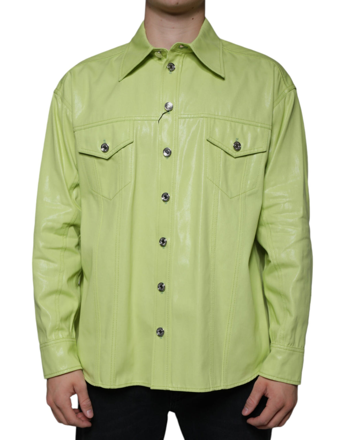 New Dolce & Gabbana Green Cotton Collared Men Button Down Shirt