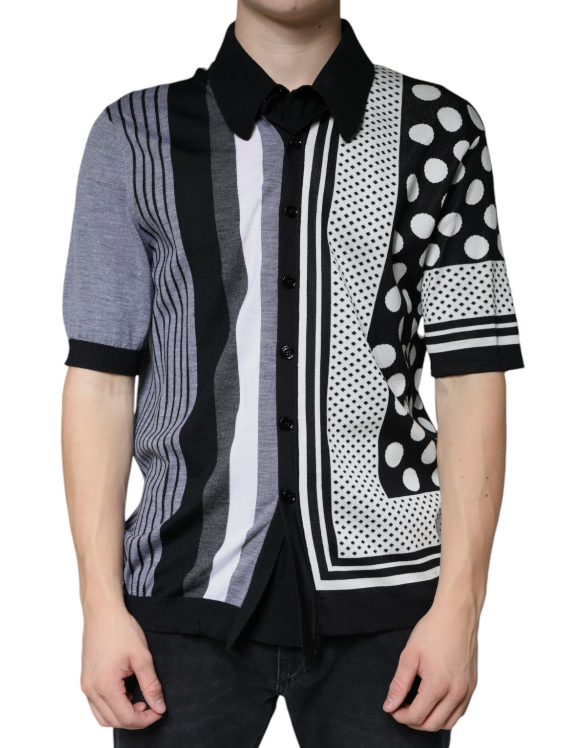 New Dolce & Gabbana Black White Polka Dot Collared Polo T-shirt