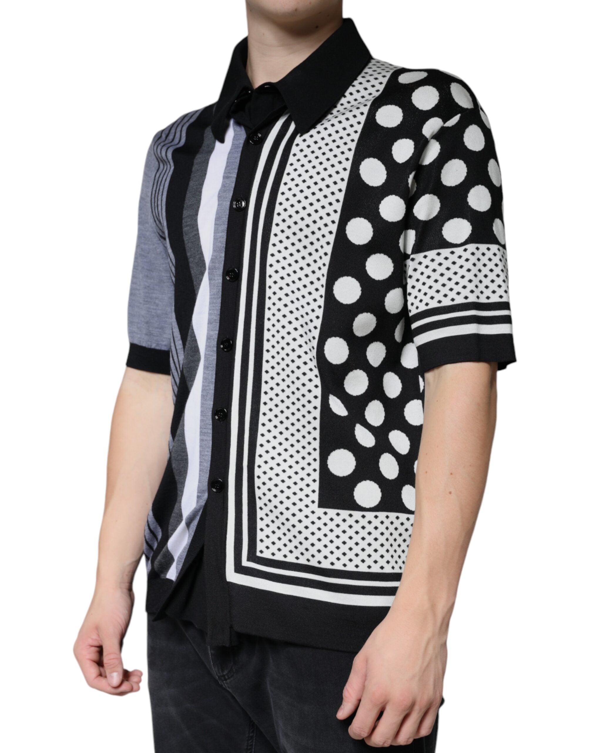 New Dolce & Gabbana Black White Polka Dot Collared Polo T-shirt