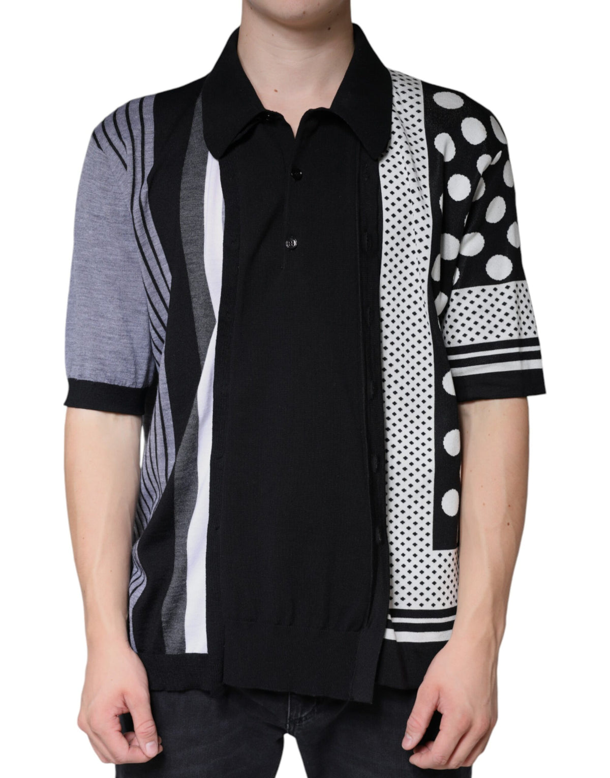 New Dolce & Gabbana Black White Polka Dot Collared Polo T-shirt
