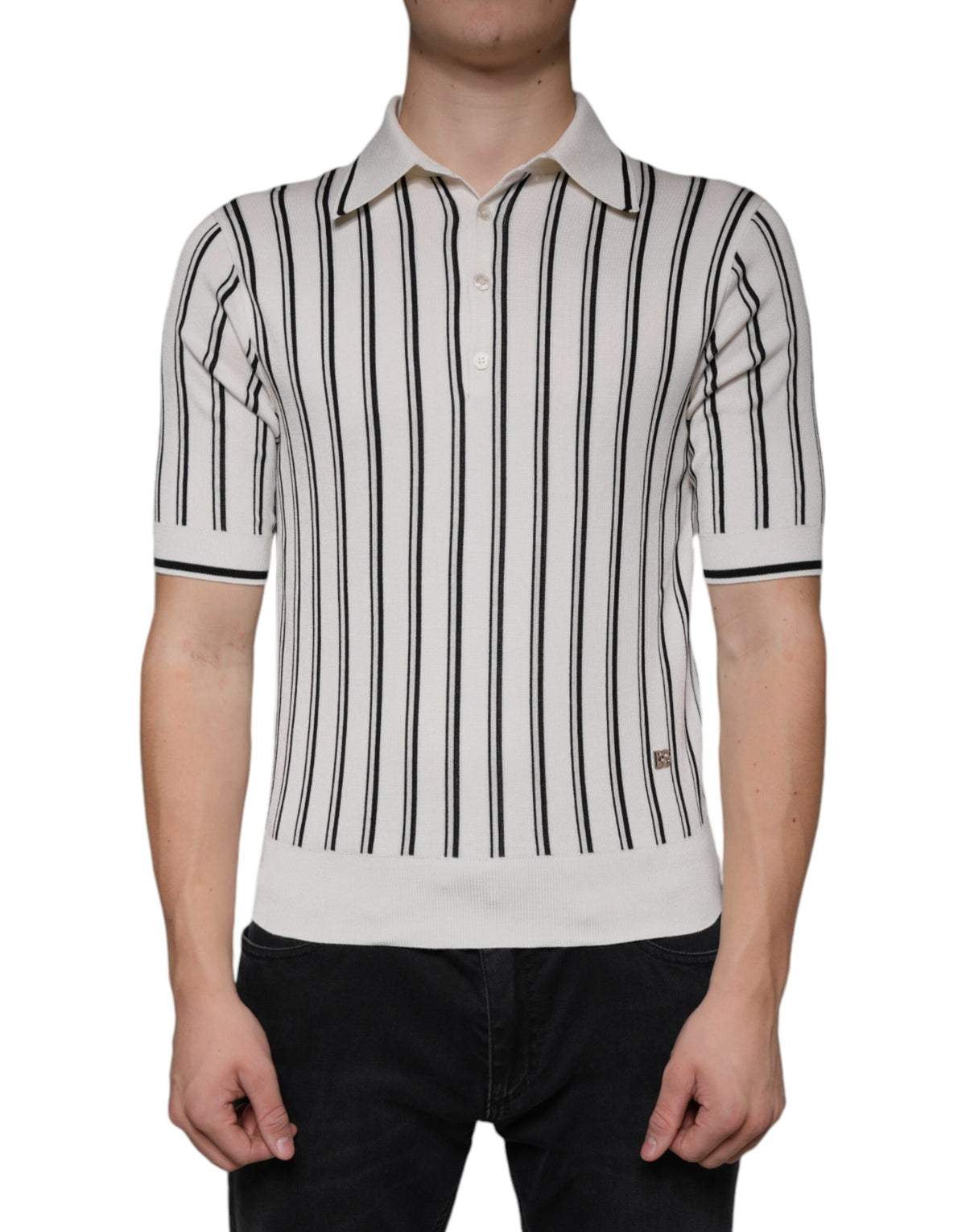 New Dolce & Gabbana White Black Stripe Polo Short Sleeve T-shirt