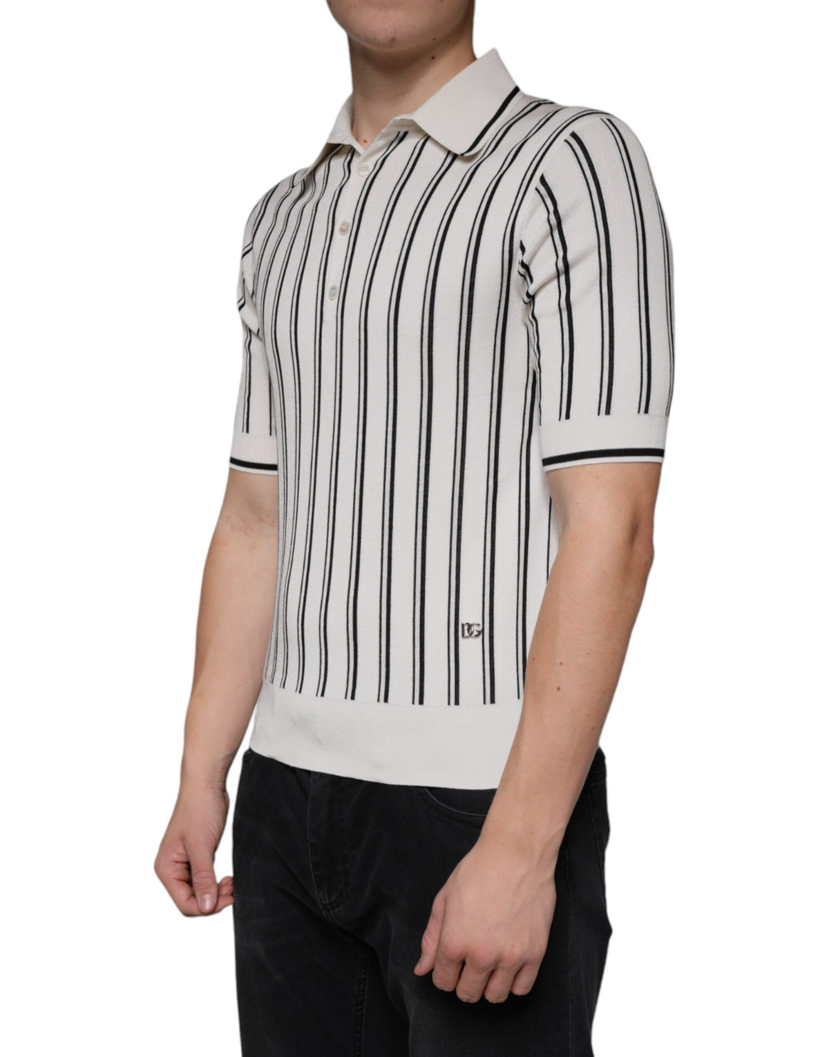 New Dolce & Gabbana White Black Stripe Polo Short Sleeve T-shirt