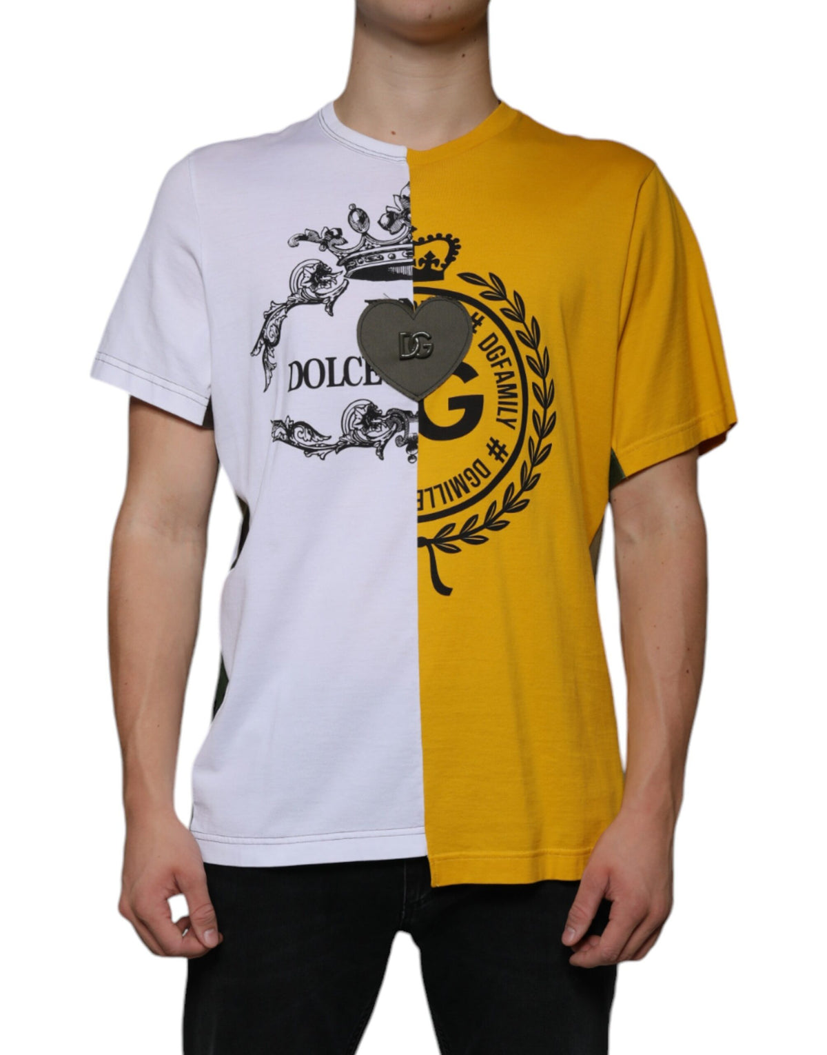 New Dolce & Gabbana White Yellow Logo Print Short Sleeve T-shirt