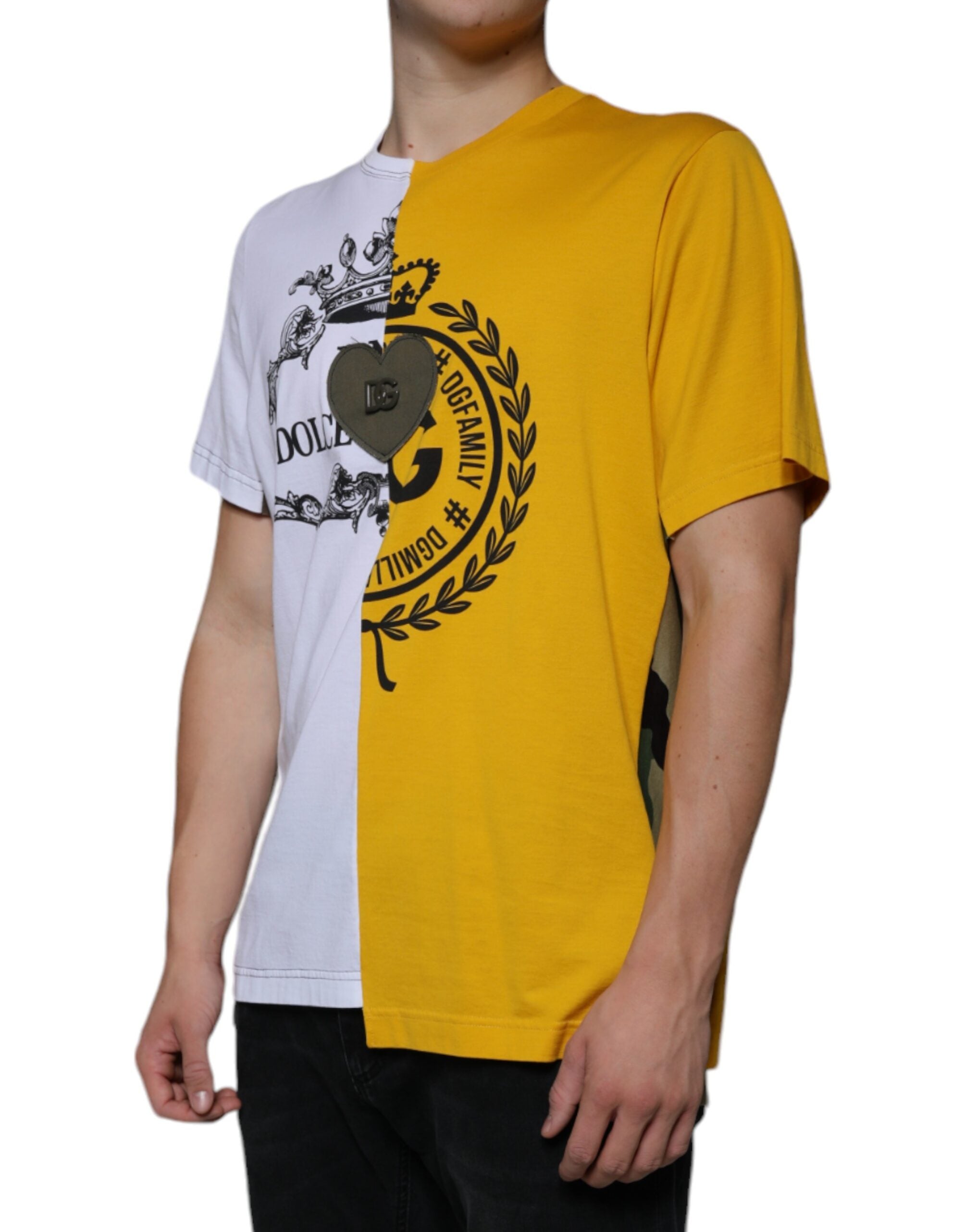New Dolce & Gabbana White Yellow Logo Print Short Sleeve T-shirt