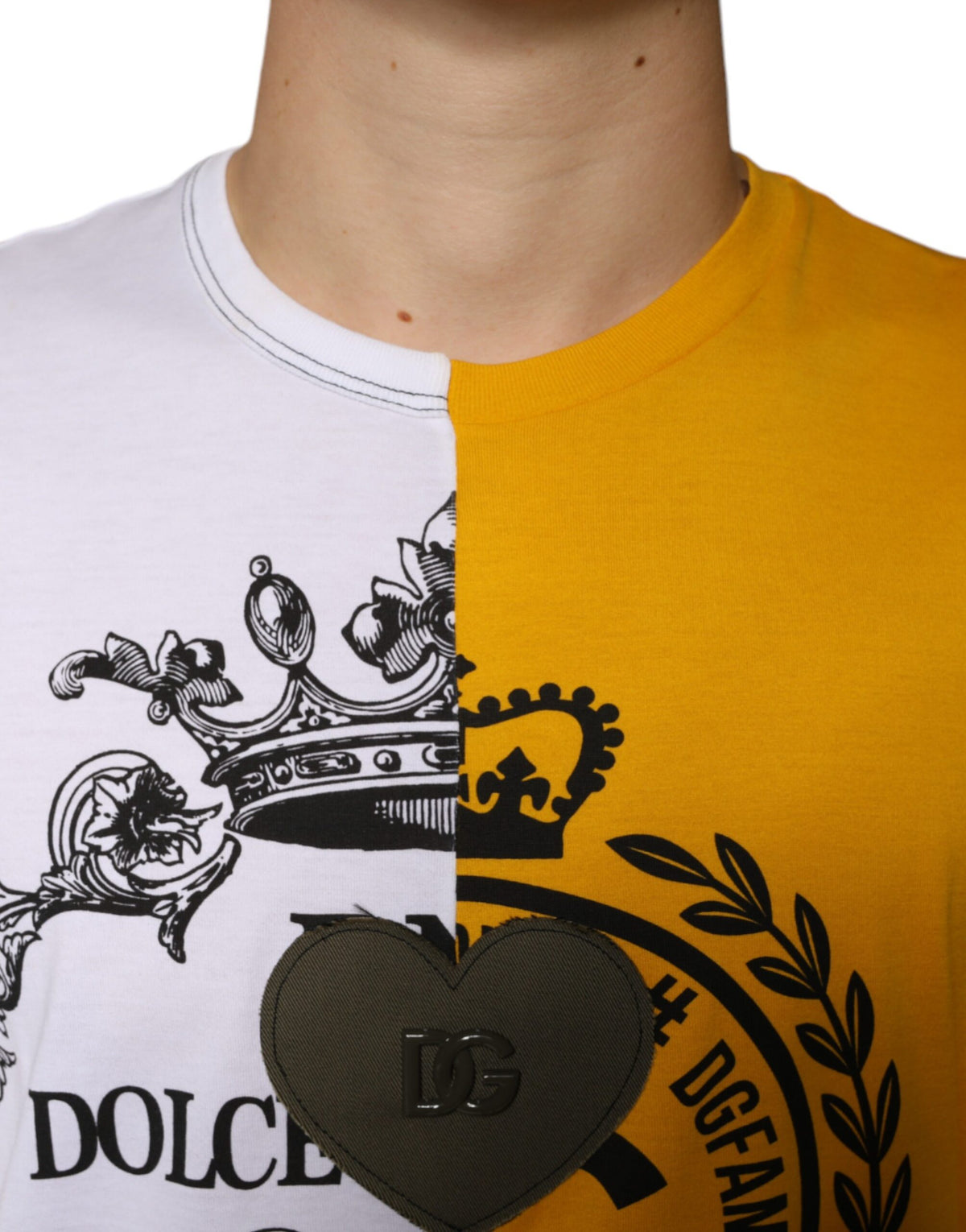 New Dolce & Gabbana White Yellow Logo Print Short Sleeve T-shirt