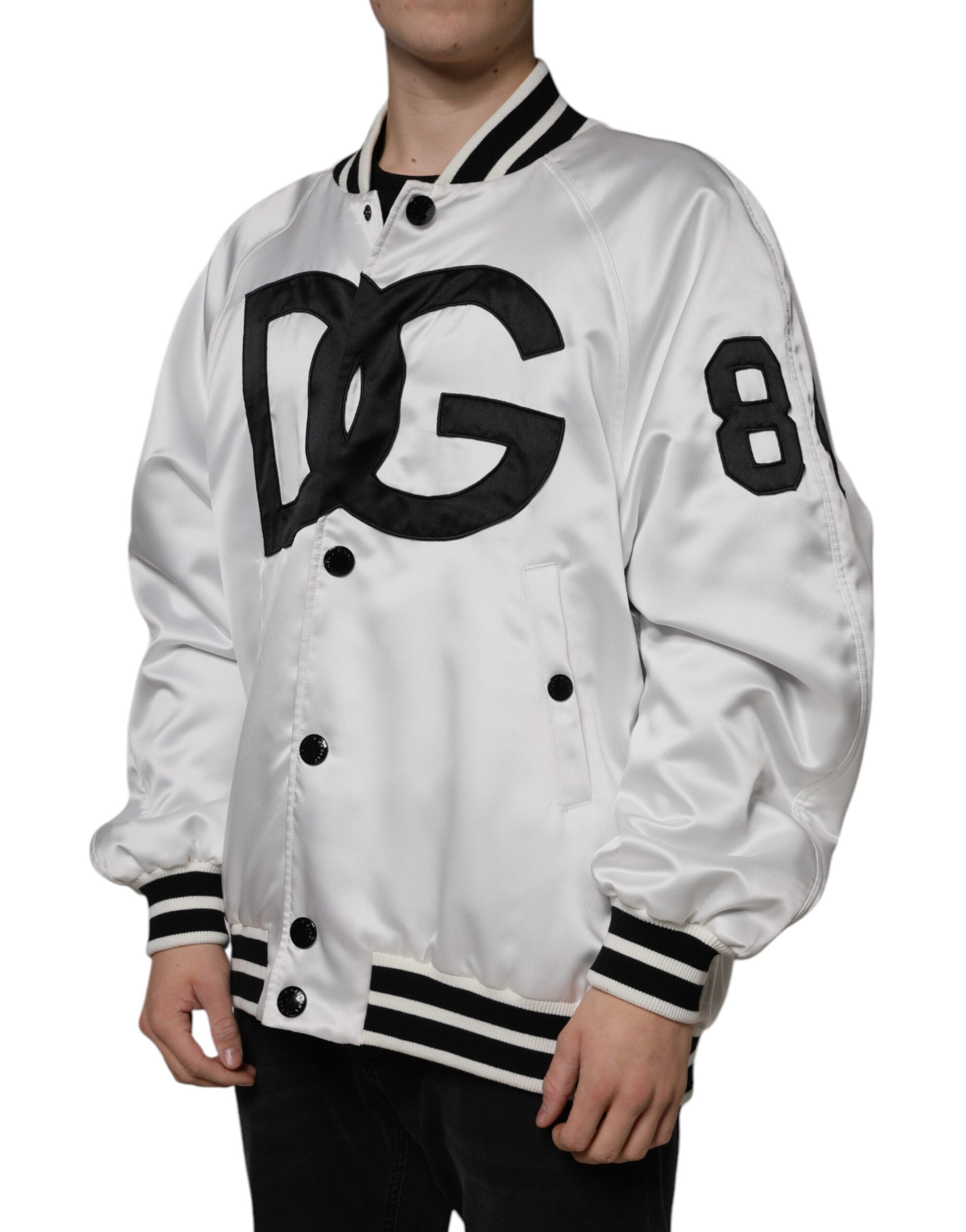 New Dolce & Gabbana White Polyester Logo Full Zip Bomber Jacket