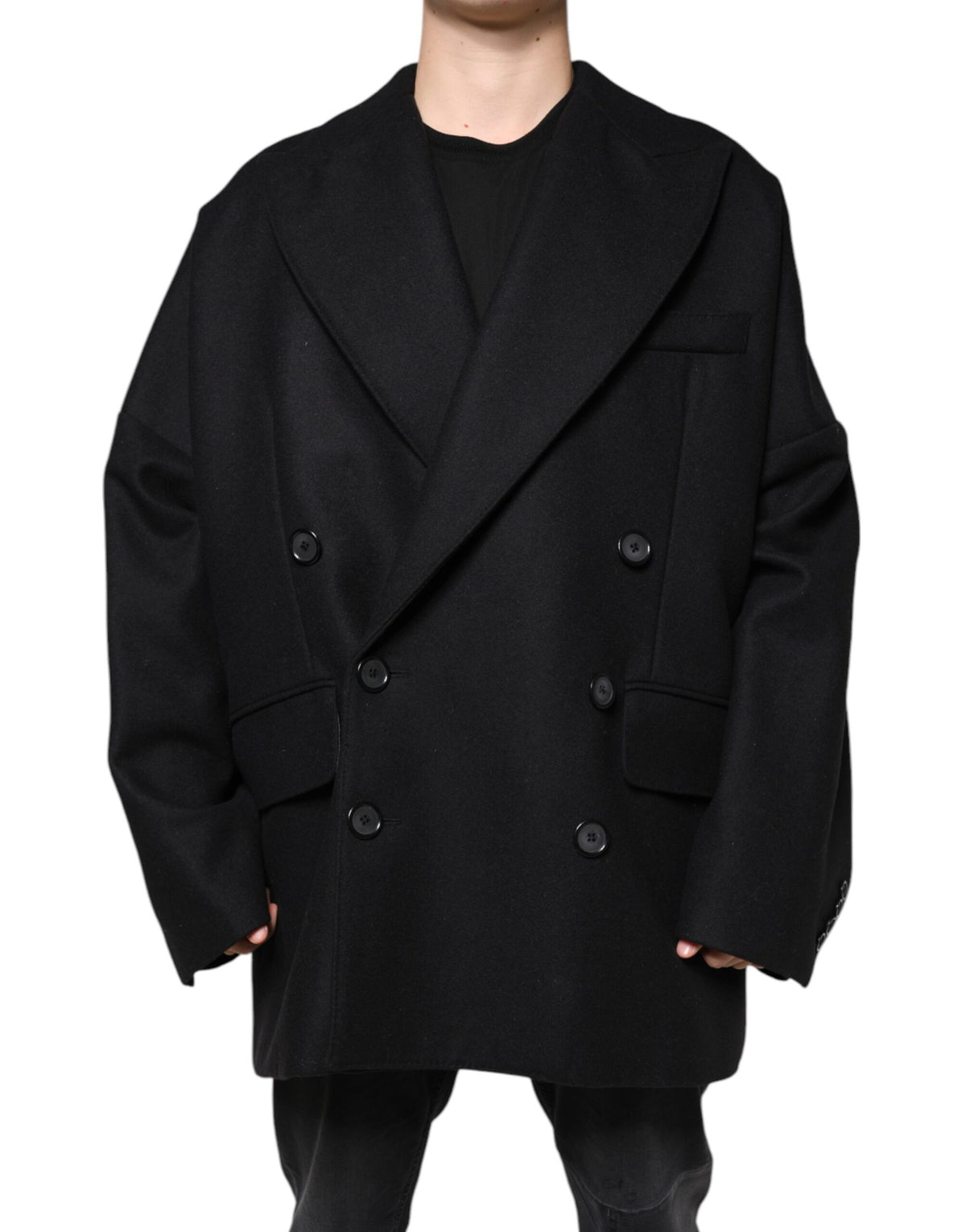 New Dolce & Gabbana Black Wool Double Breasted Men Coat Jacket