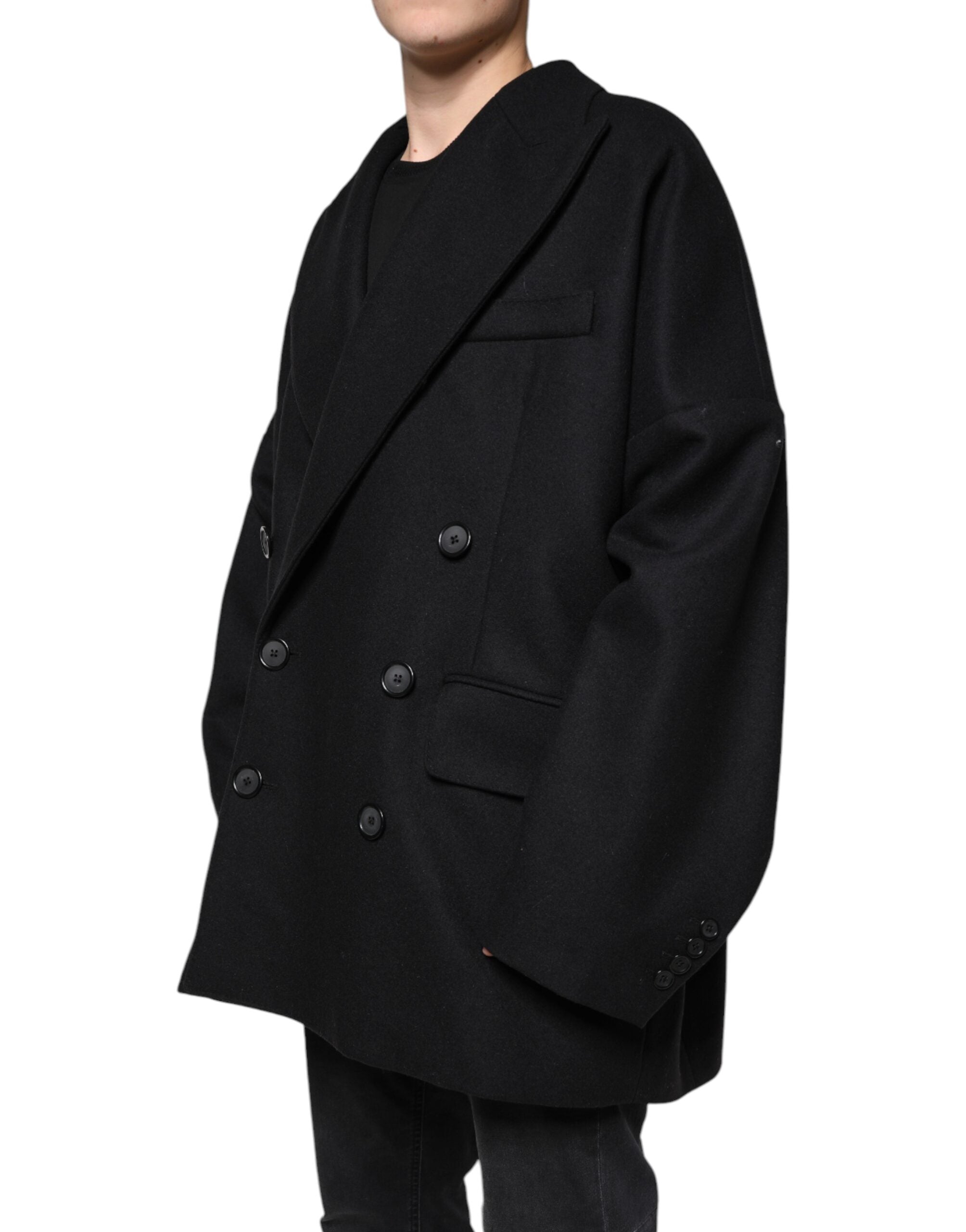 New Dolce & Gabbana Black Wool Double Breasted Men Coat Jacket