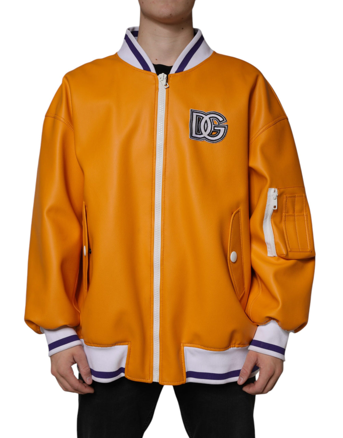 New Dolce & Gabbana Orange White Full Zip Jersey Bomber Jacket
