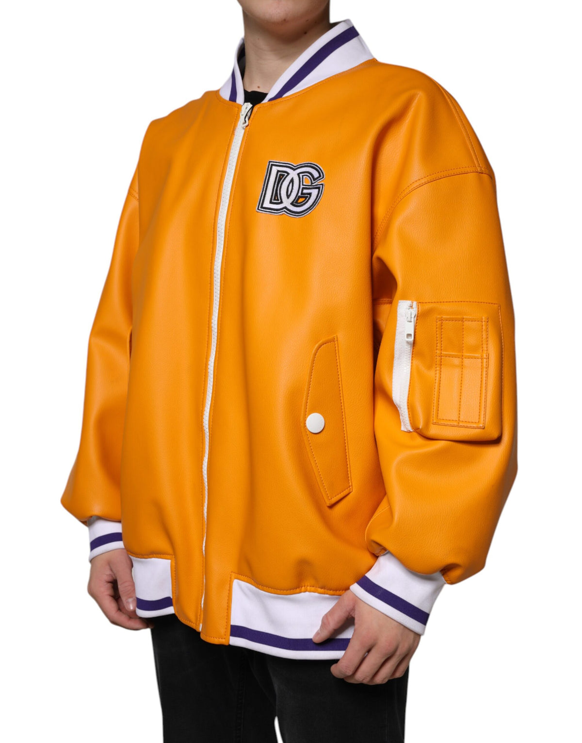 New Dolce & Gabbana Orange White Full Zip Jersey Bomber Jacket