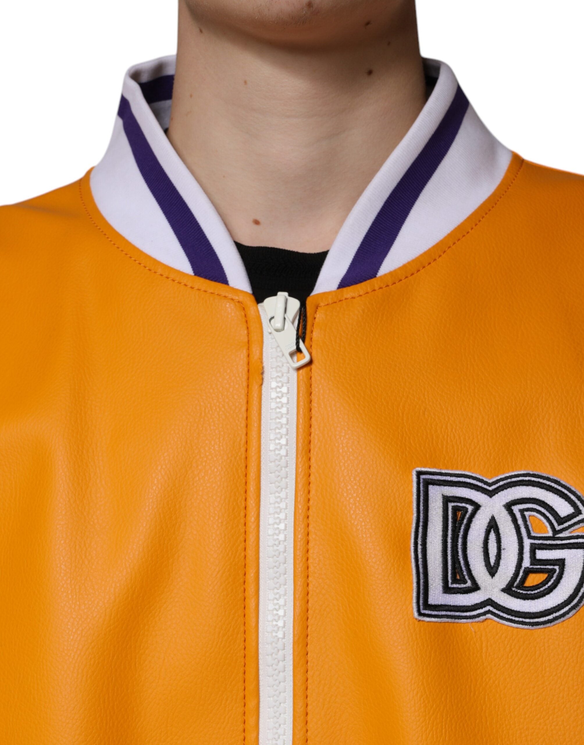 New Dolce & Gabbana Orange White Full Zip Jersey Bomber Jacket