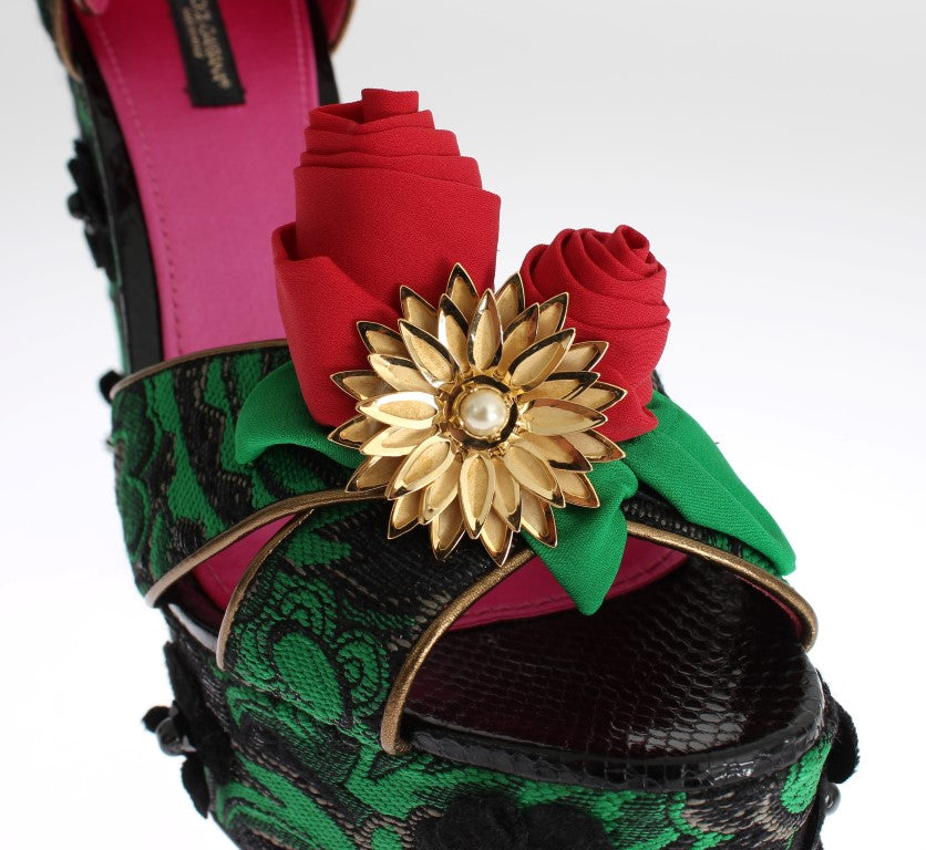 New Dolce & Gabbana Green Brocade Snakeskin Roses Crystal Shoes