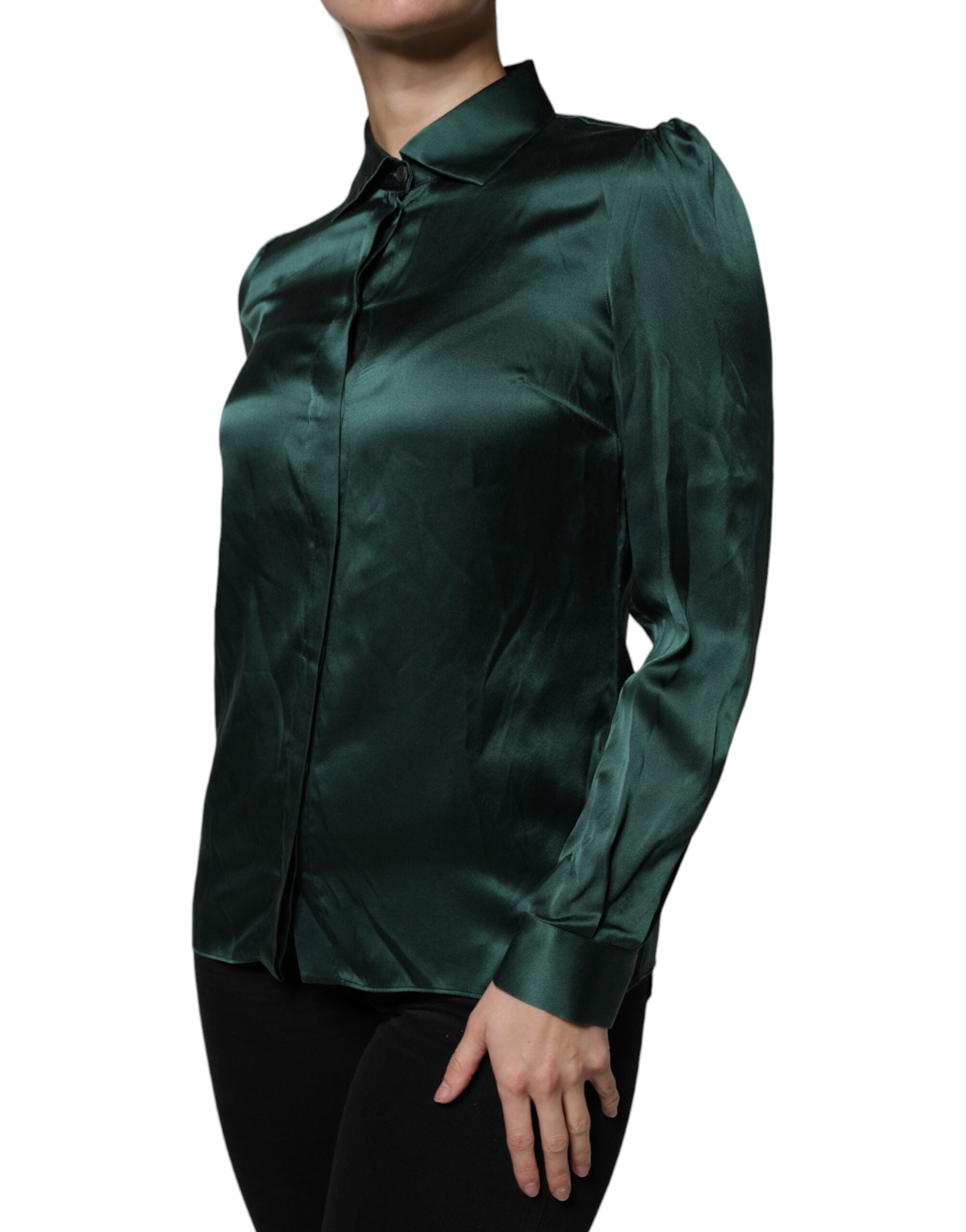 New Dolce & Gabbana Dark Green Silk Button Down Long Sleeves Blouse Top