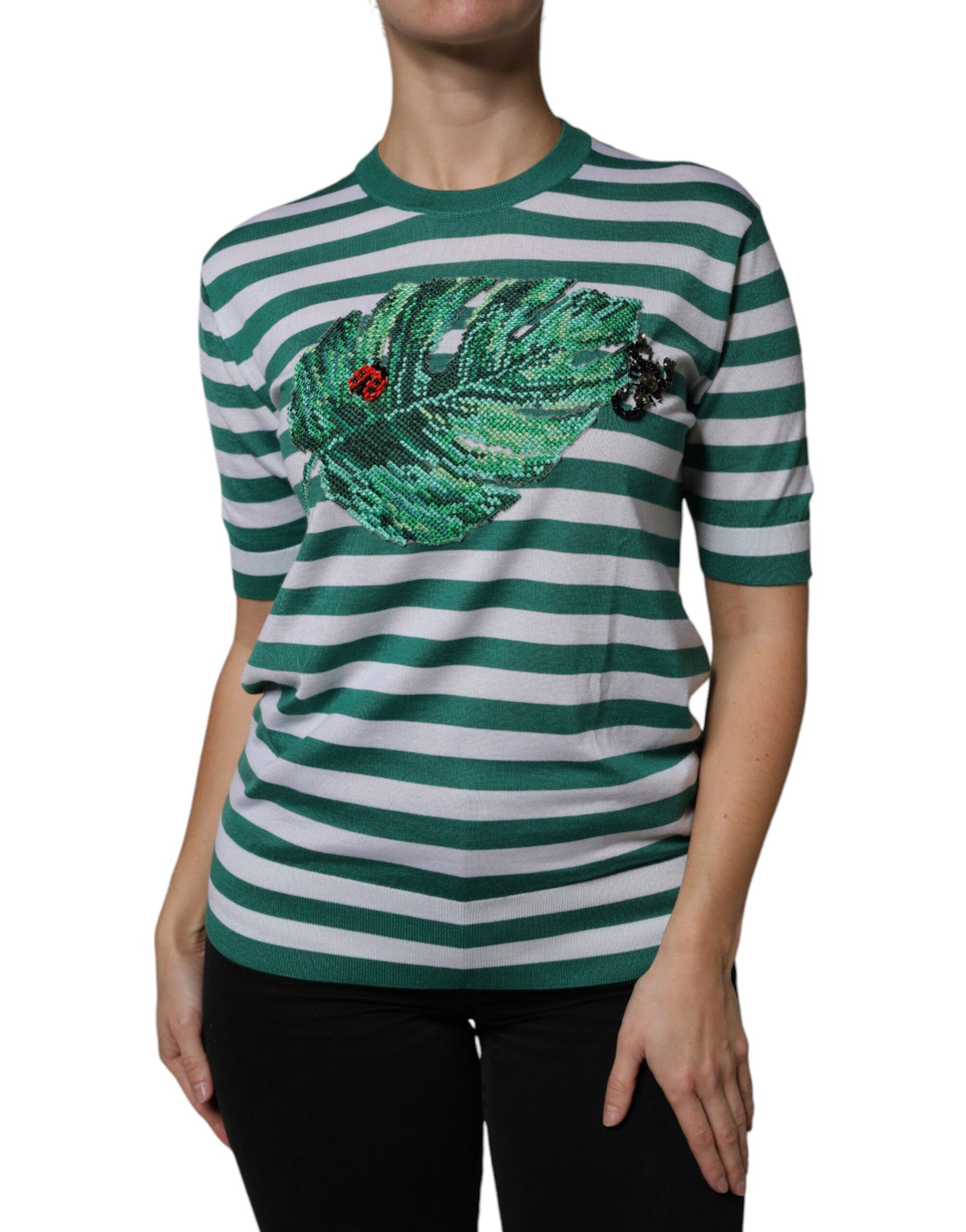 New Dolce & Gabbana White Green Stripe Leaf Crew Neck T-shirt