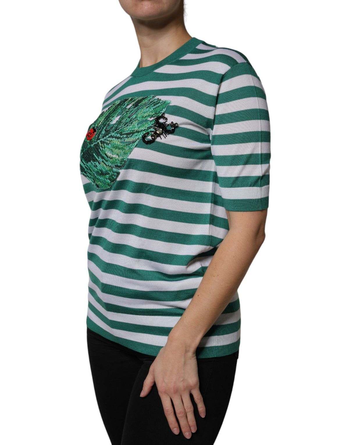 New Dolce & Gabbana White Green Stripe Leaf Crew Neck T-shirt