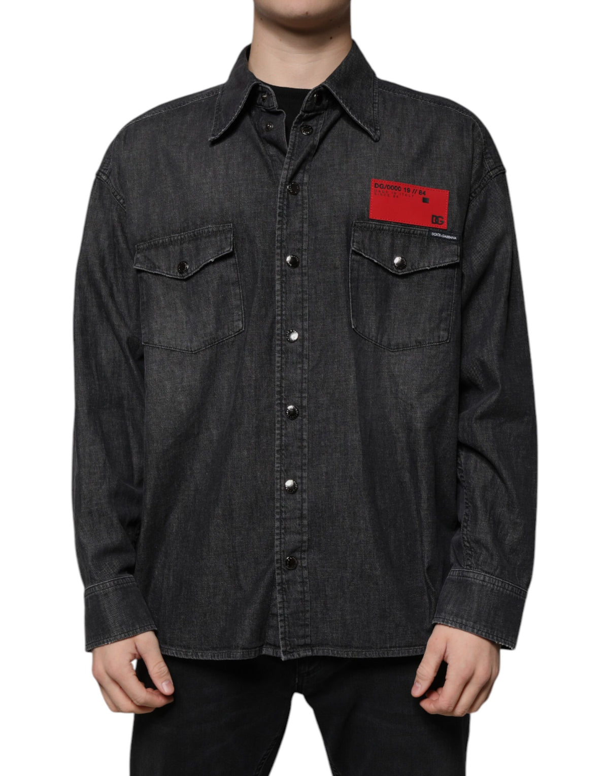 New Dolce & Gabbana Black Logo Cotton Button Down Denim Shirt