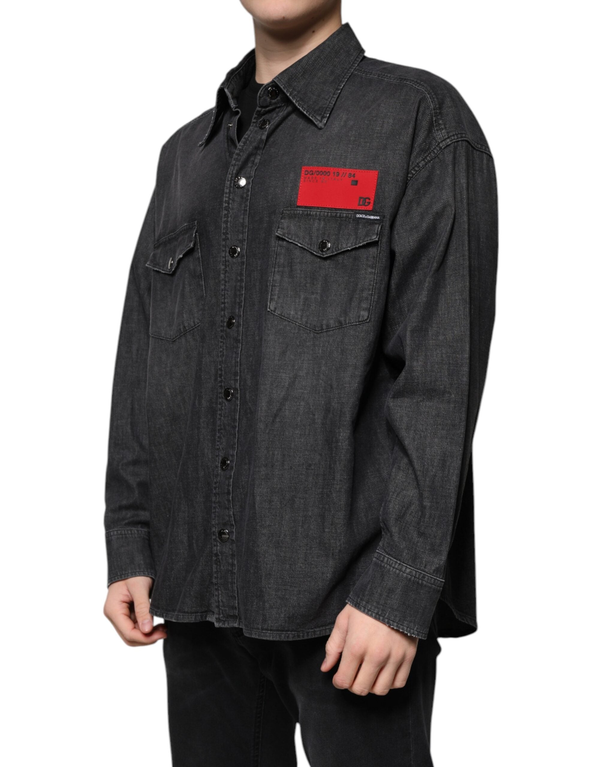 New Dolce & Gabbana Black Logo Cotton Button Down Denim Shirt