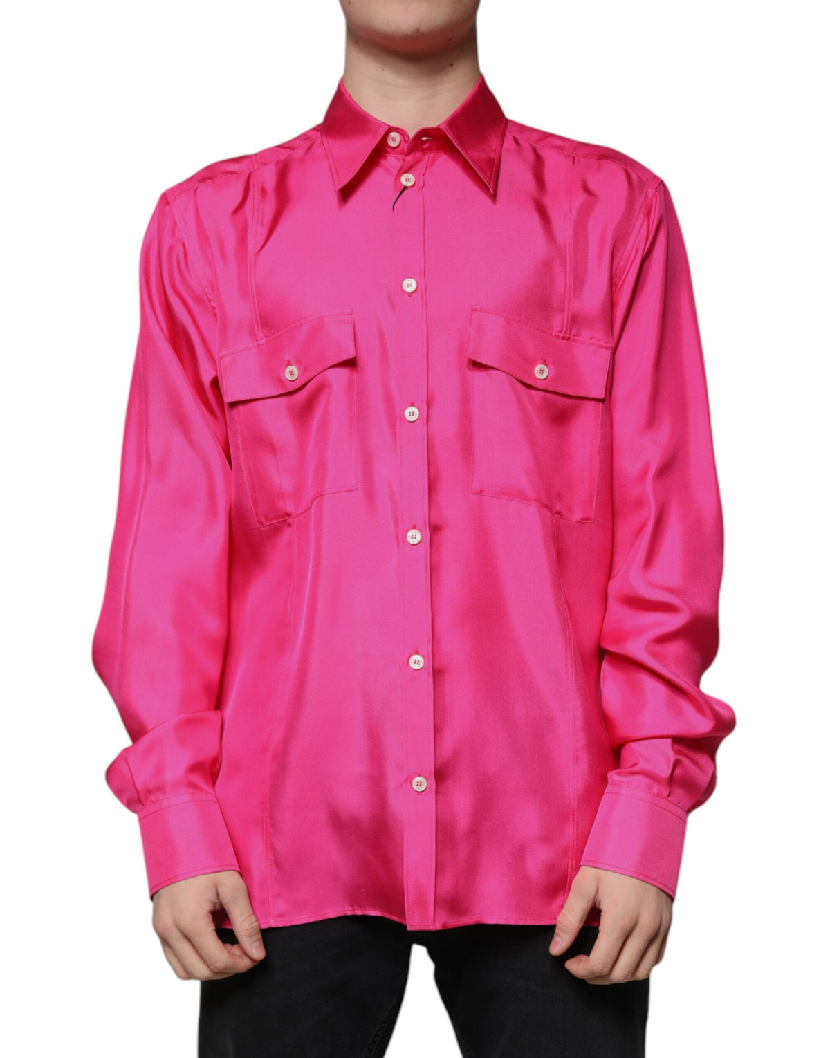 New Dolce & Gabbana Pink Silk Collared Button Down Men Shirt
