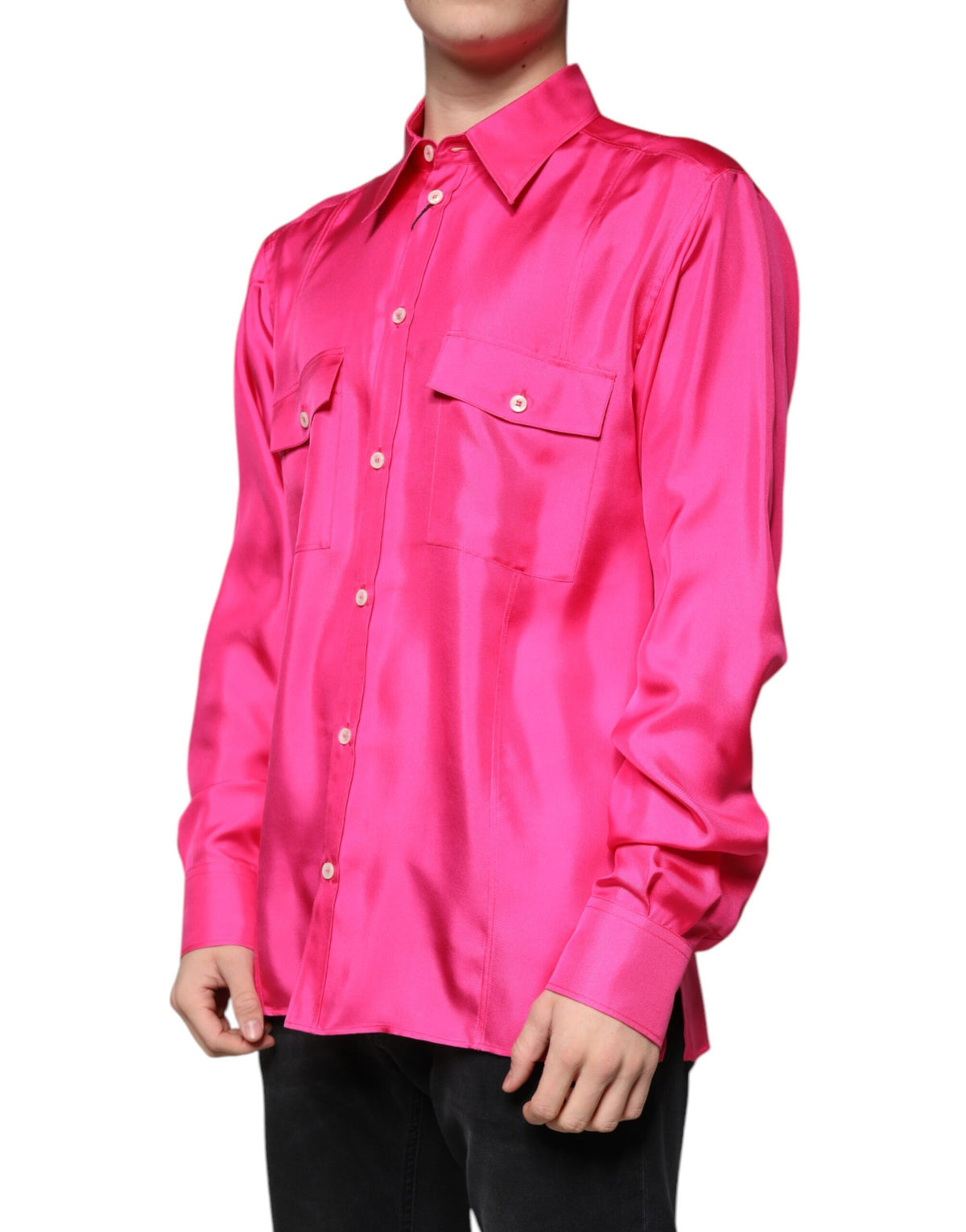 New Dolce & Gabbana Pink Silk Collared Button Down Men Shirt