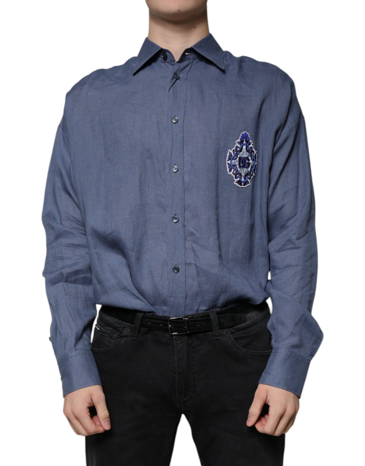 New Dolce & Gabbana Blue Logo Long Sleeve Button Down Casual Shirt