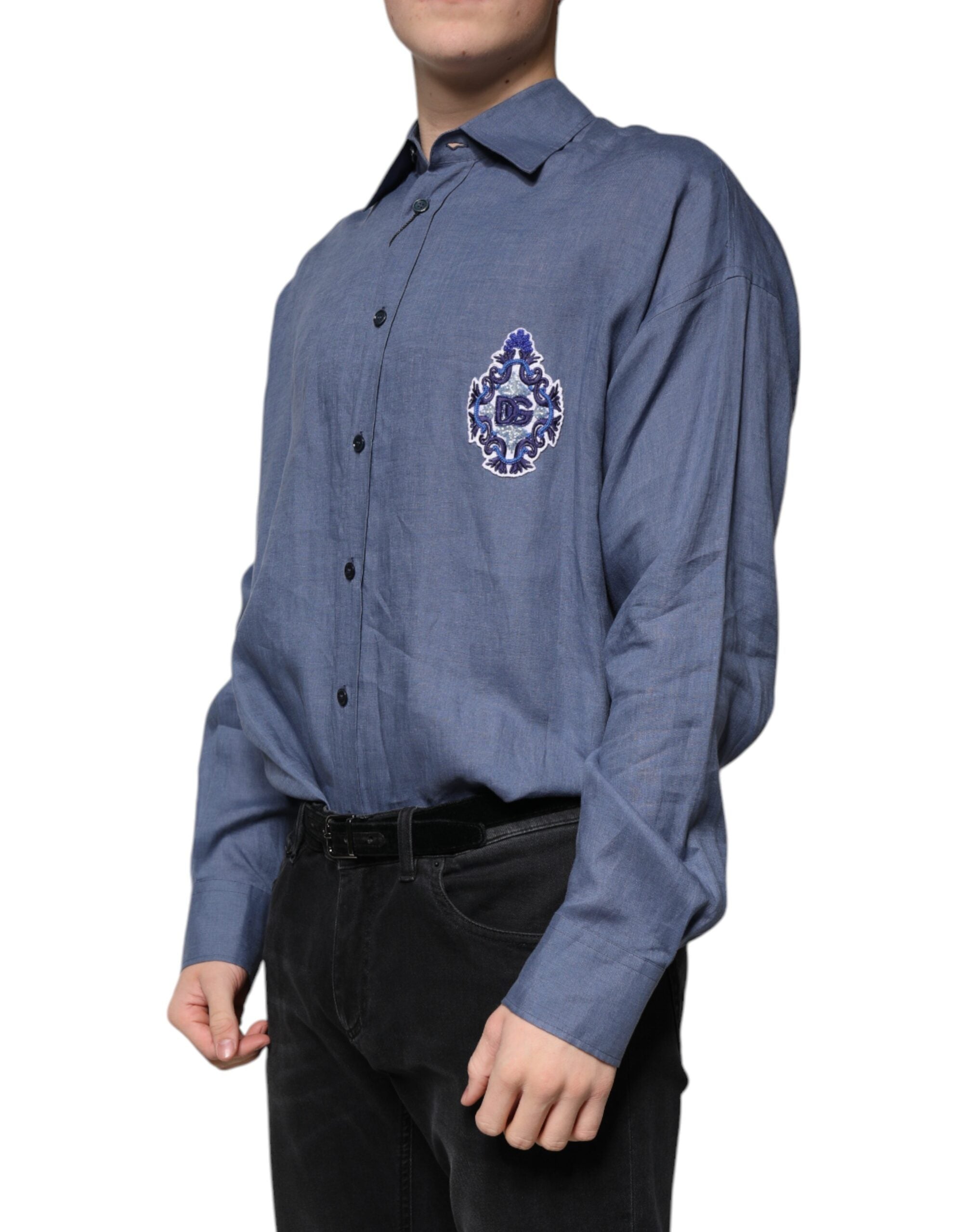 New Dolce & Gabbana Blue Logo Long Sleeve Button Down Casual Shirt