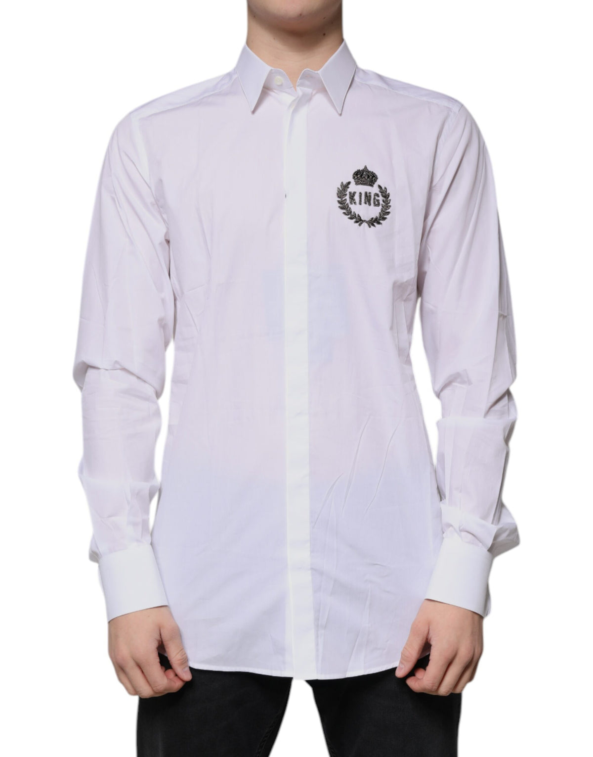 New Dolce & Gabbana White Cotton Logo Formal Men GOLD Dress Shirt