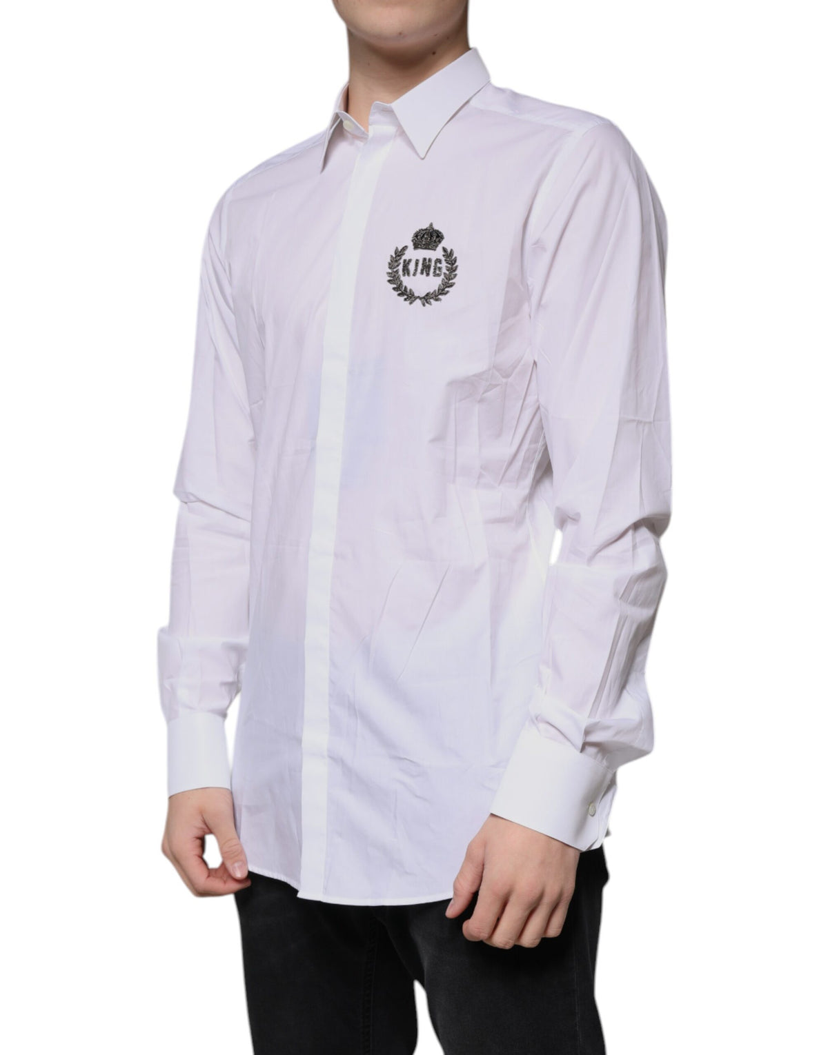 New Dolce & Gabbana White Cotton Logo Formal Men GOLD Dress Shirt
