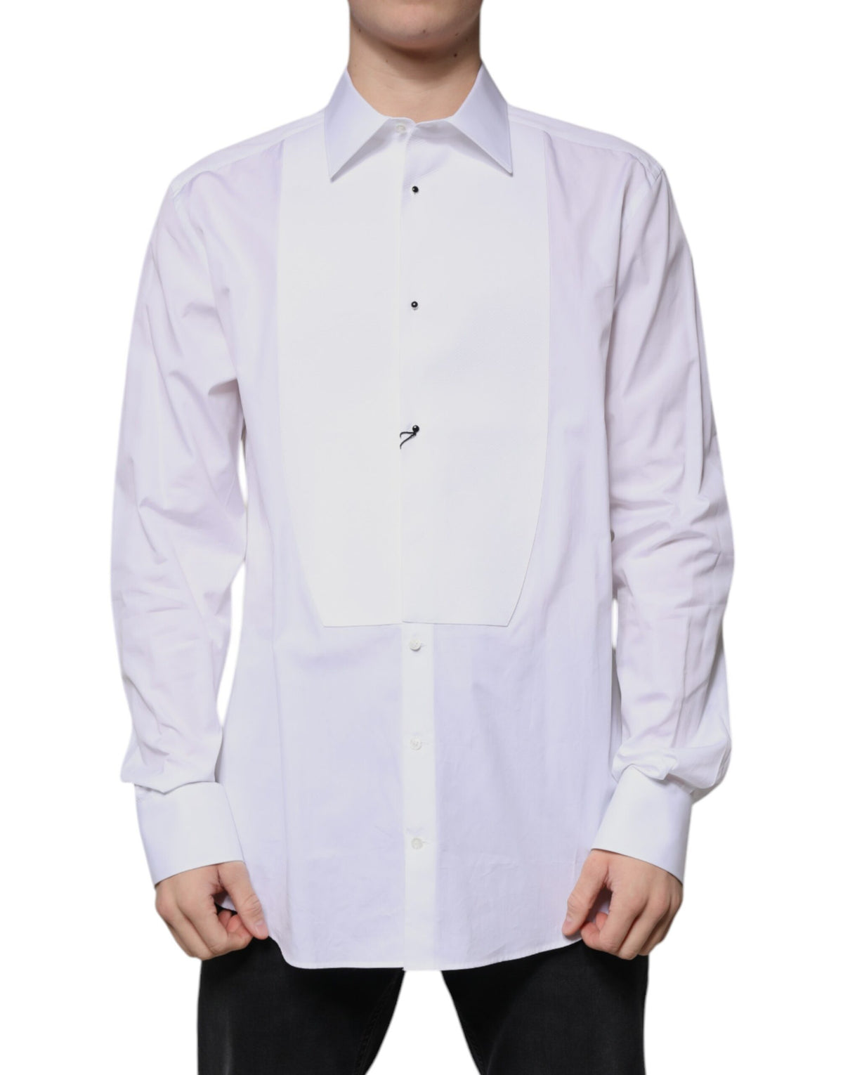 New Dolce & Gabbana White Bib Cotton Poplin GOLD Formal Shirt