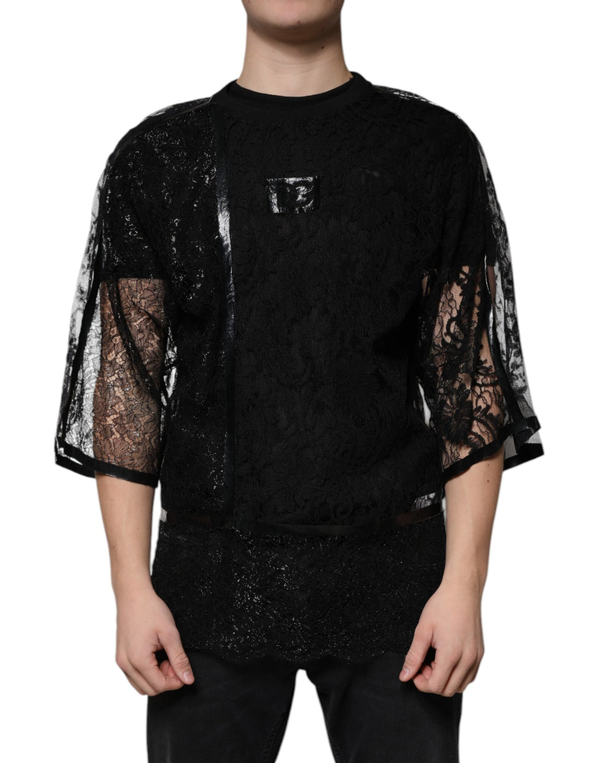 New Dolce & Gabbana Black Nylon Floral Lace Crew Neck T-shirt