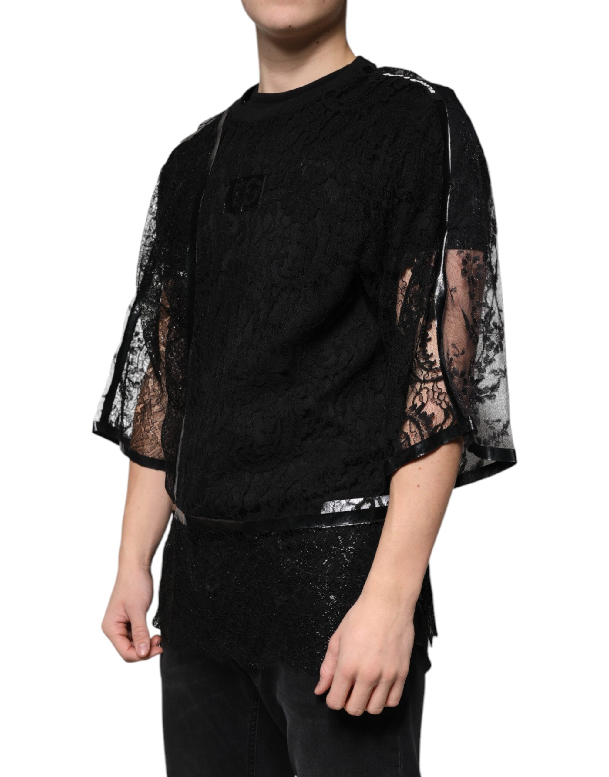 New Dolce & Gabbana Black Nylon Floral Lace Crew Neck T-shirt