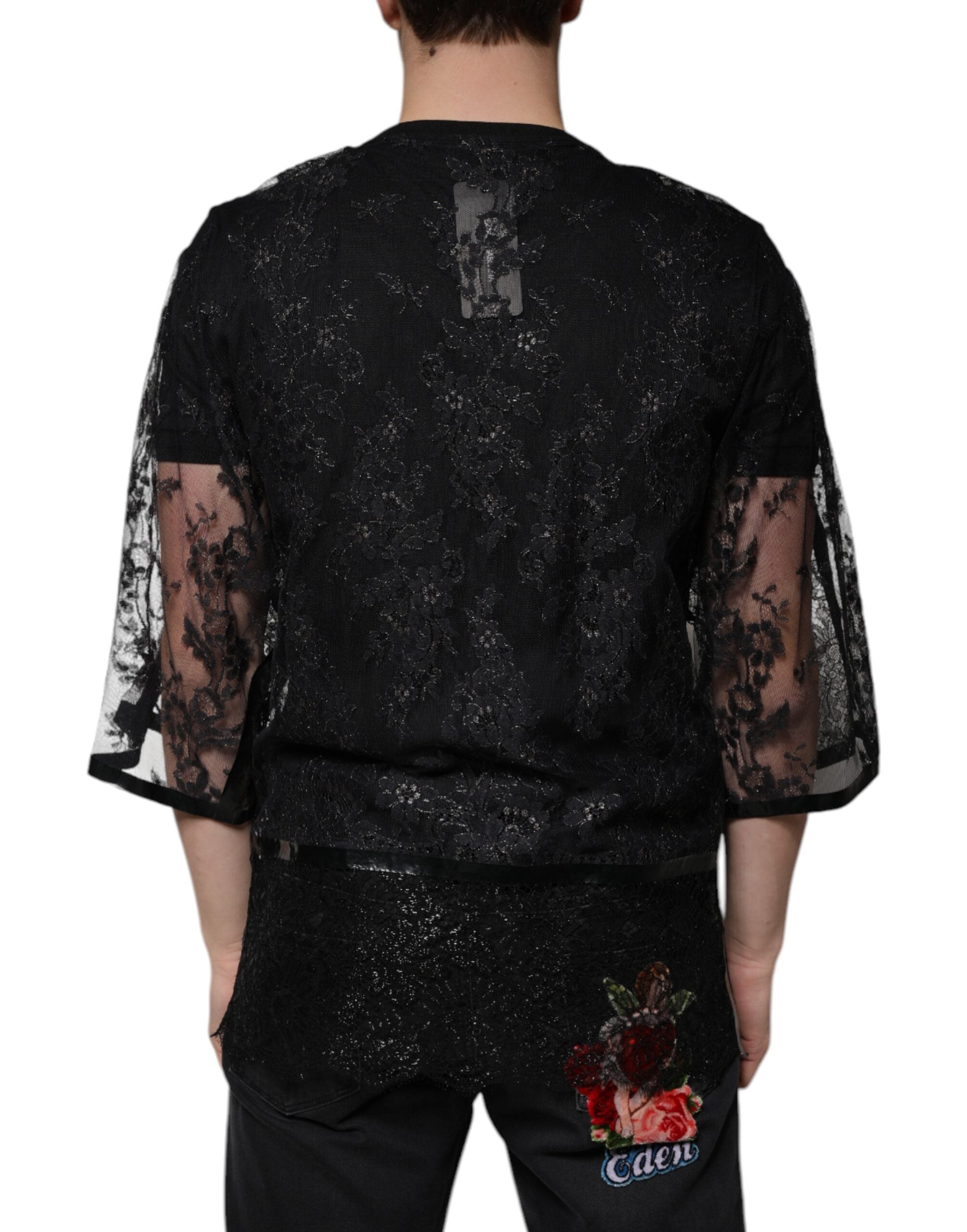 New Dolce & Gabbana Black Nylon Floral Lace Crew Neck T-shirt