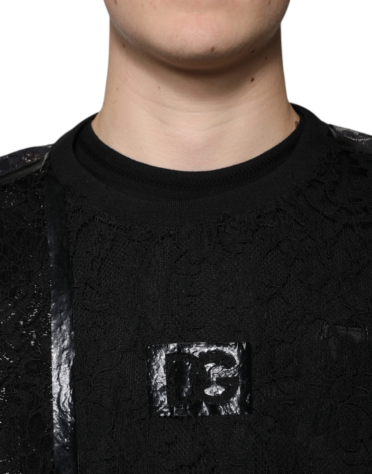 New Dolce & Gabbana Black Nylon Floral Lace Crew Neck T-shirt