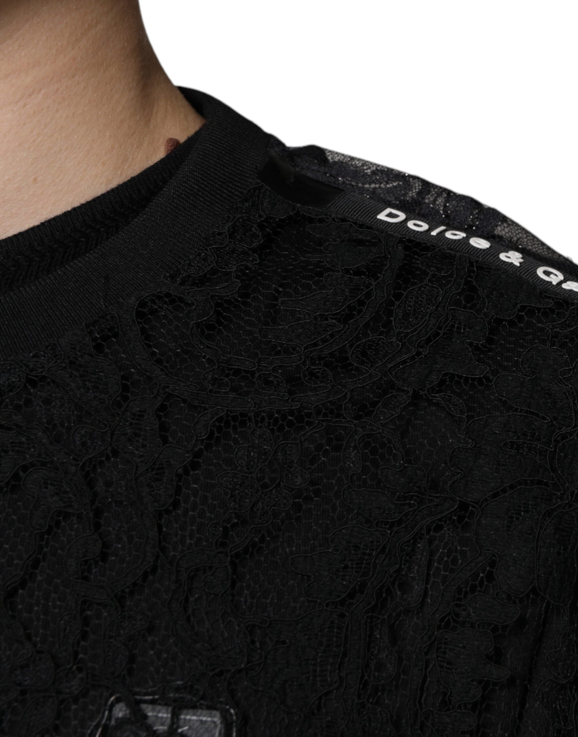 New Dolce & Gabbana Black Nylon Floral Lace Crew Neck T-shirt
