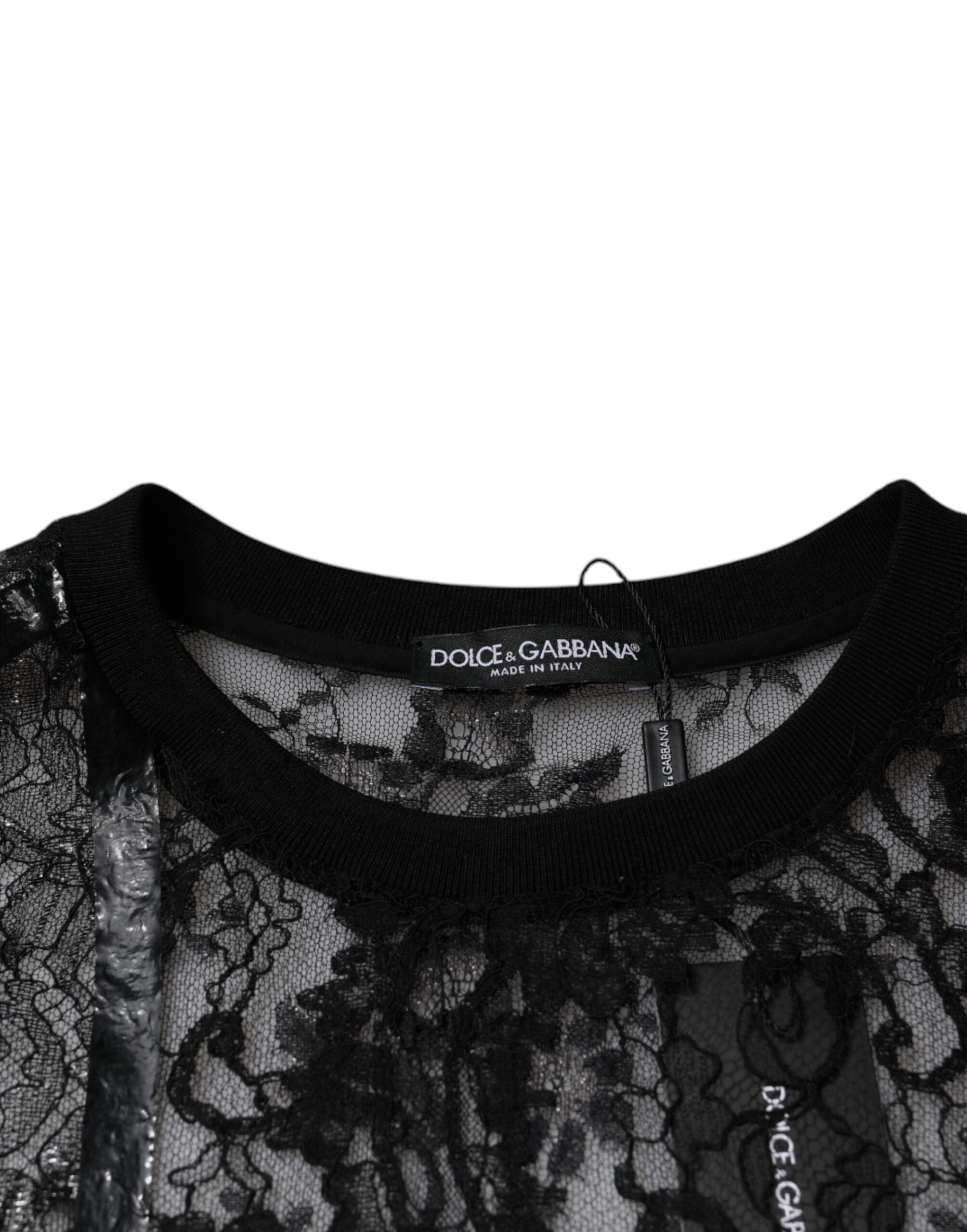 New Dolce & Gabbana Black Nylon Floral Lace Crew Neck T-shirt