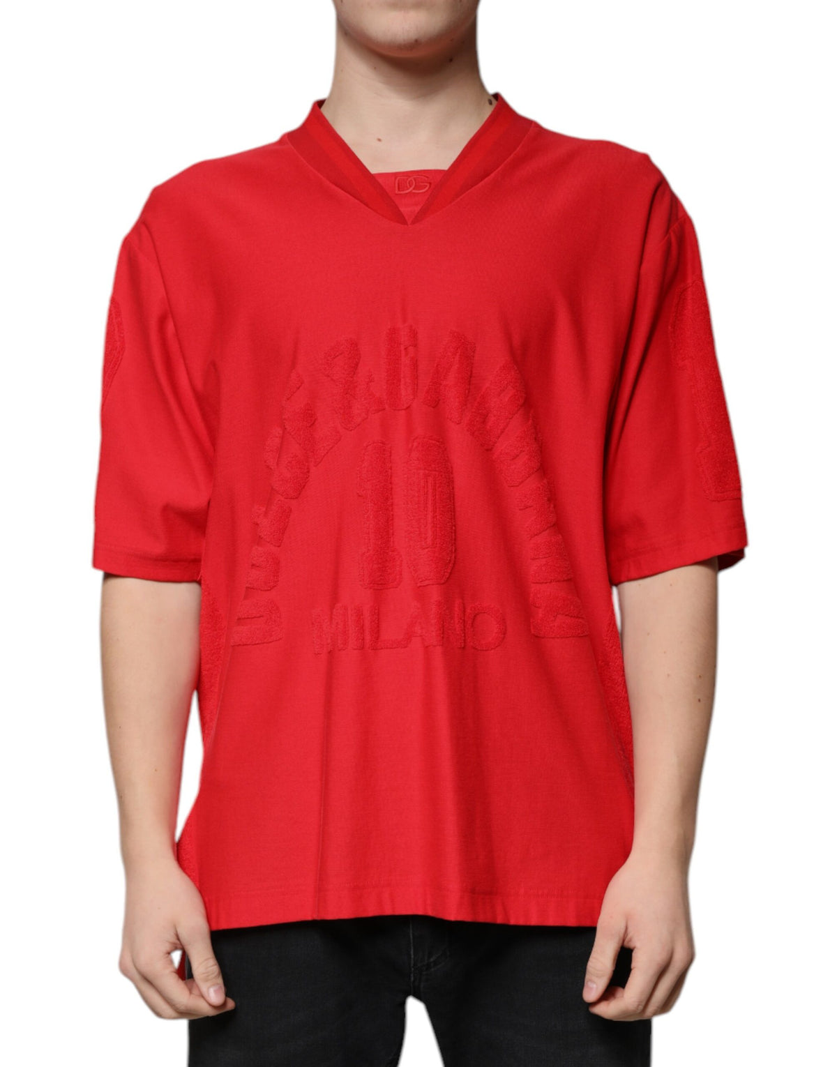 New Dolce & Gabbana Red Cotton V-neck Short Sleeves T-shirt