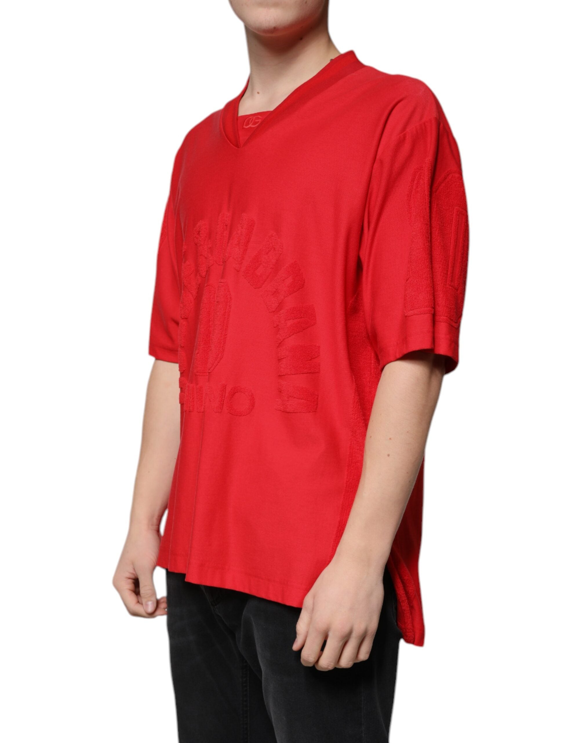 New Dolce & Gabbana Red Cotton V-neck Short Sleeves T-shirt