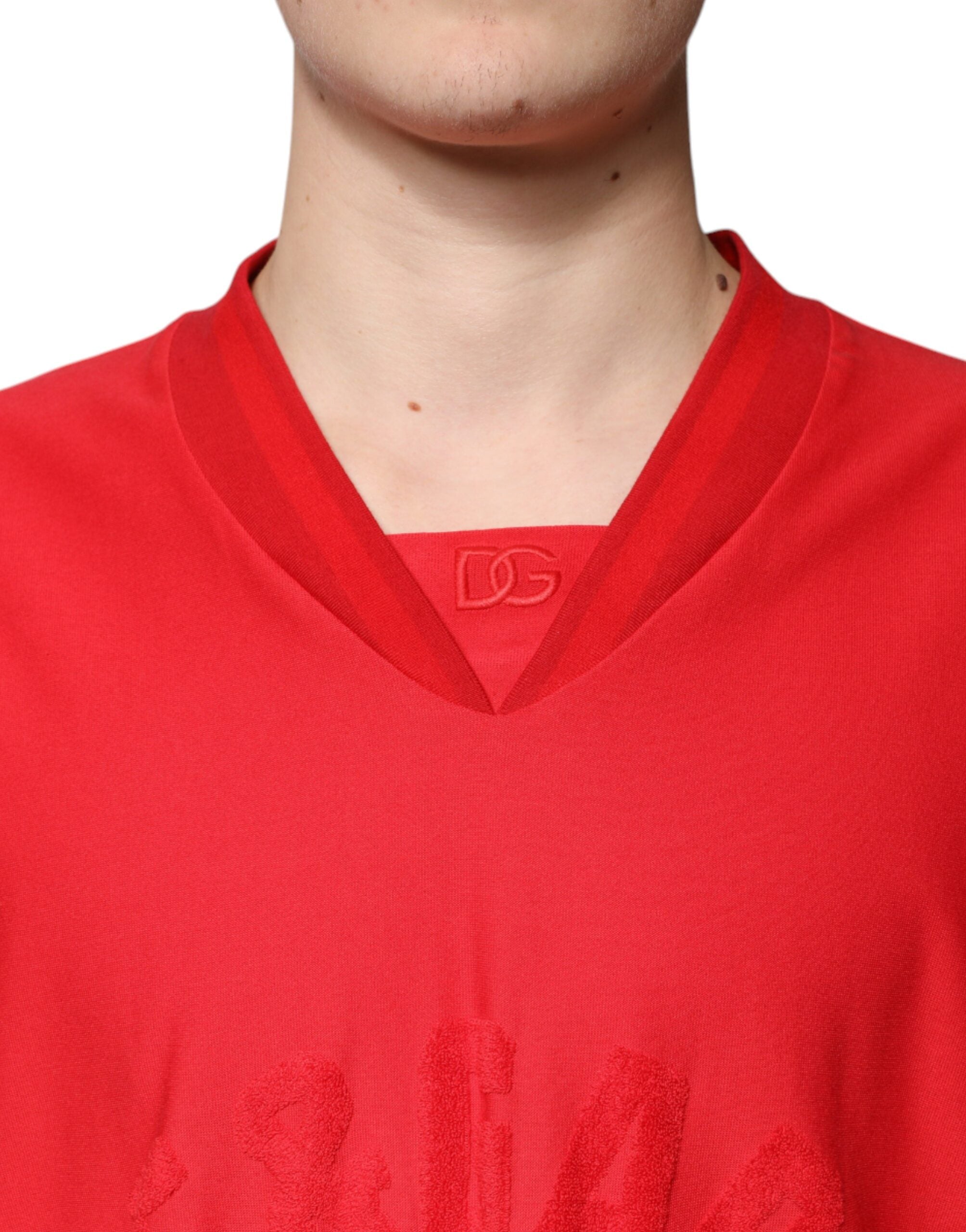 New Dolce & Gabbana Red Cotton V-neck Short Sleeves T-shirt