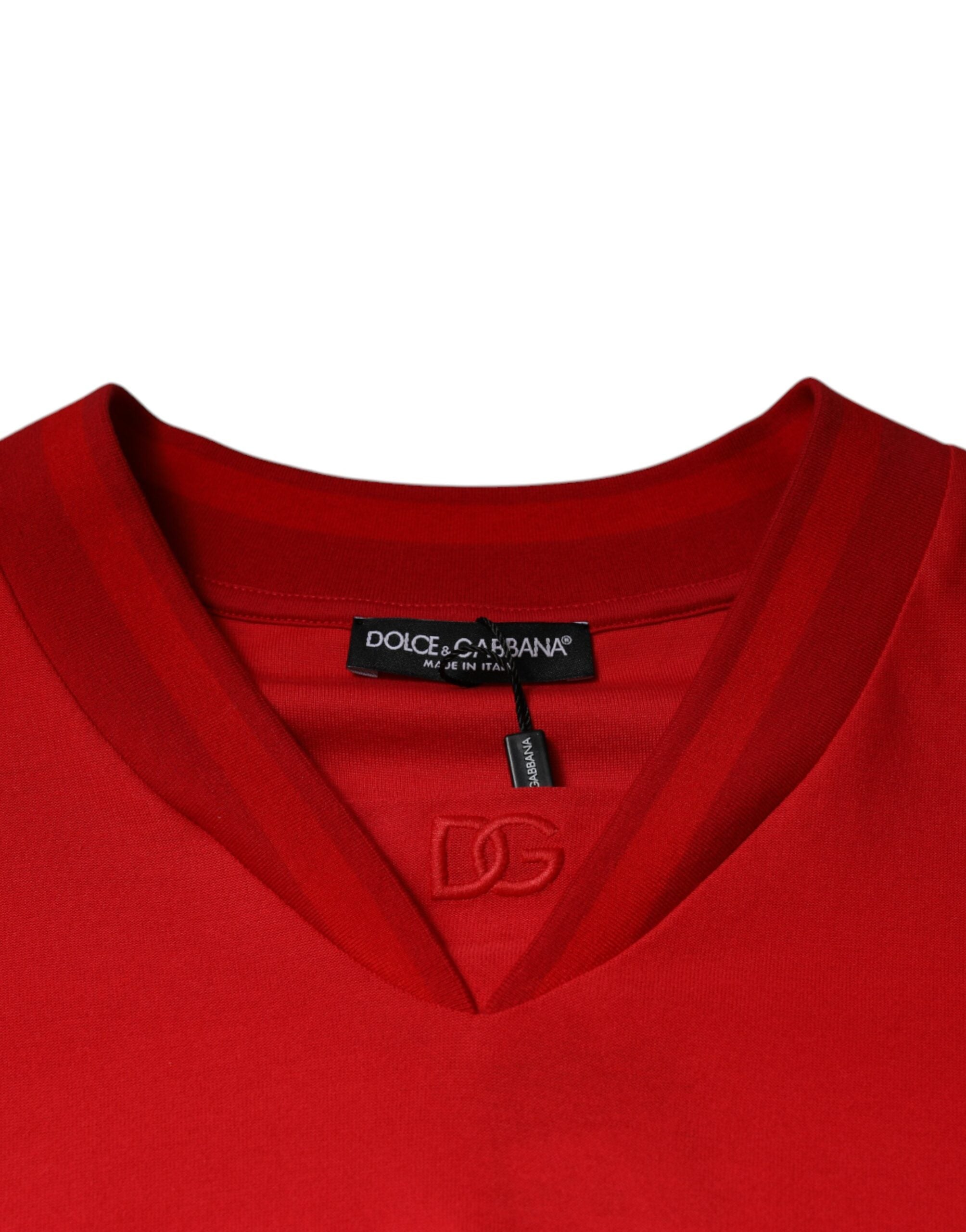 New Dolce & Gabbana Red Cotton V-neck Short Sleeves T-shirt