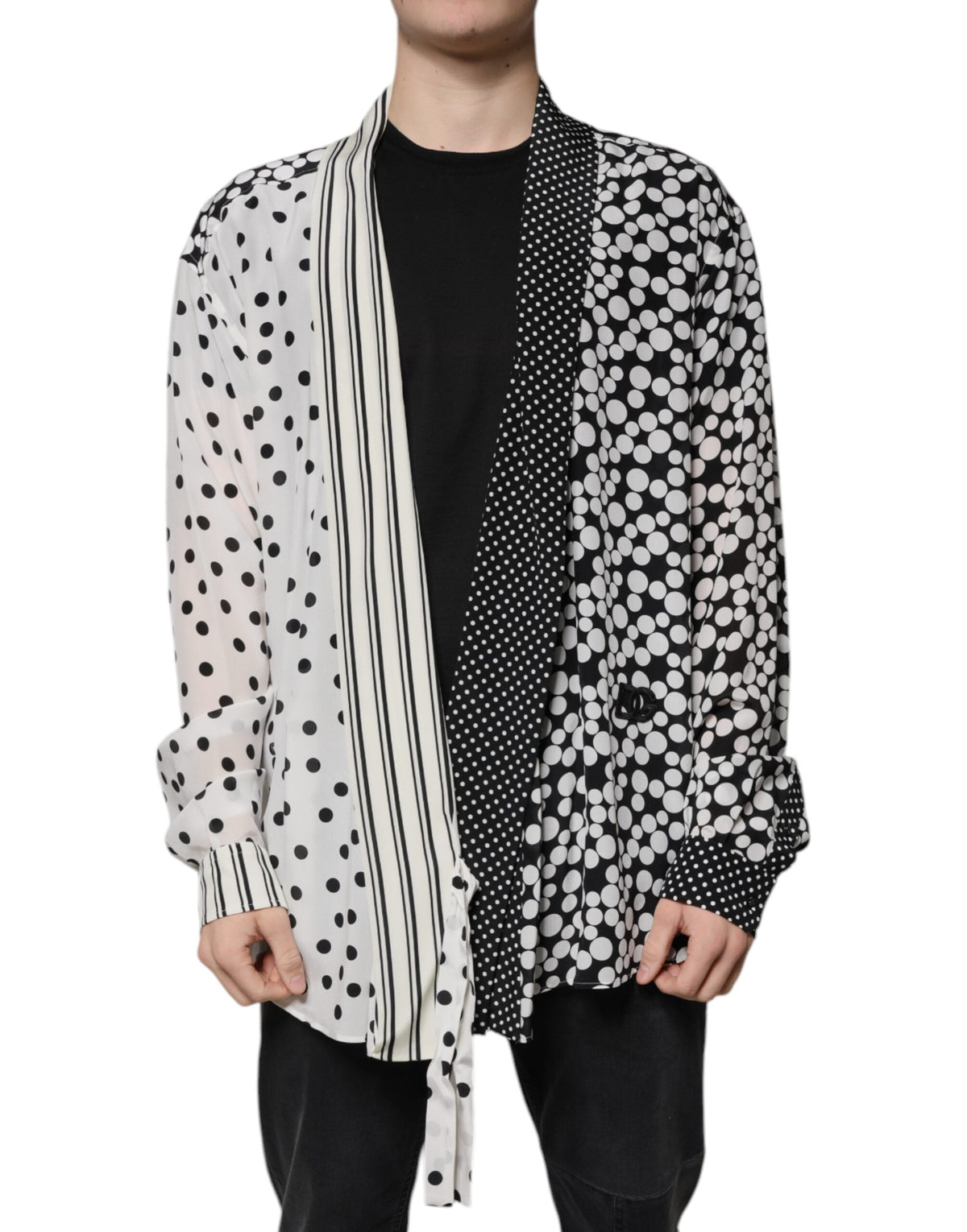 New Dolce & Gabbana Black White Polka Dots Silk Men Casual Shirt