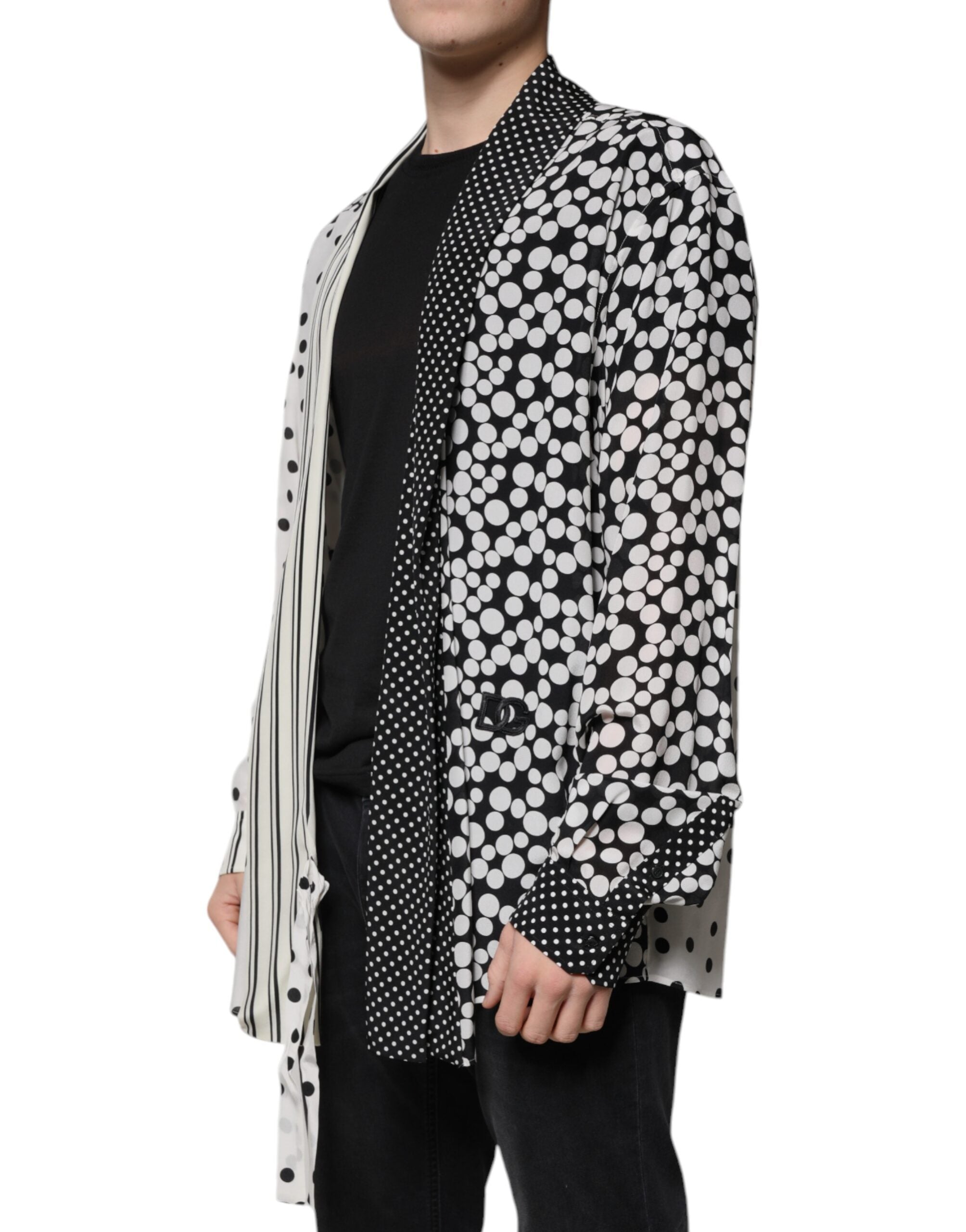 New Dolce & Gabbana Black White Polka Dots Silk Men Casual Shirt