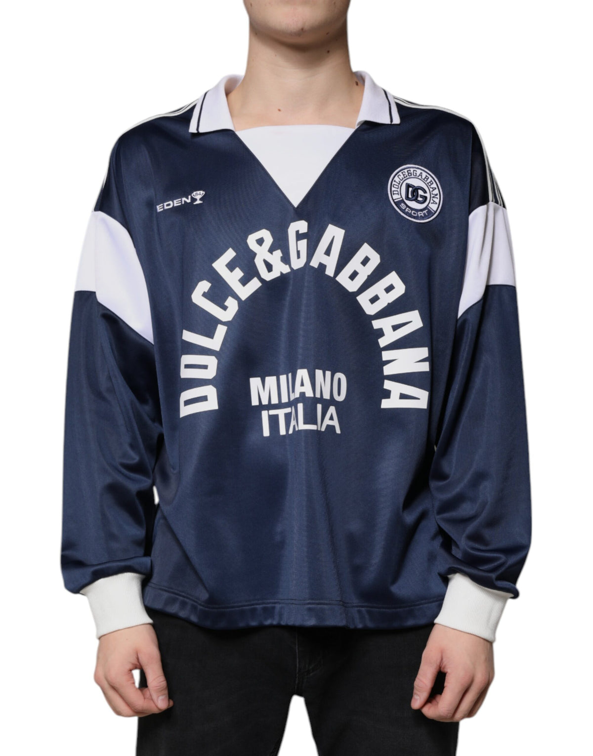 New Dolce & Gabbana Blue White Milano Long Sleeve Jersey T-shirt